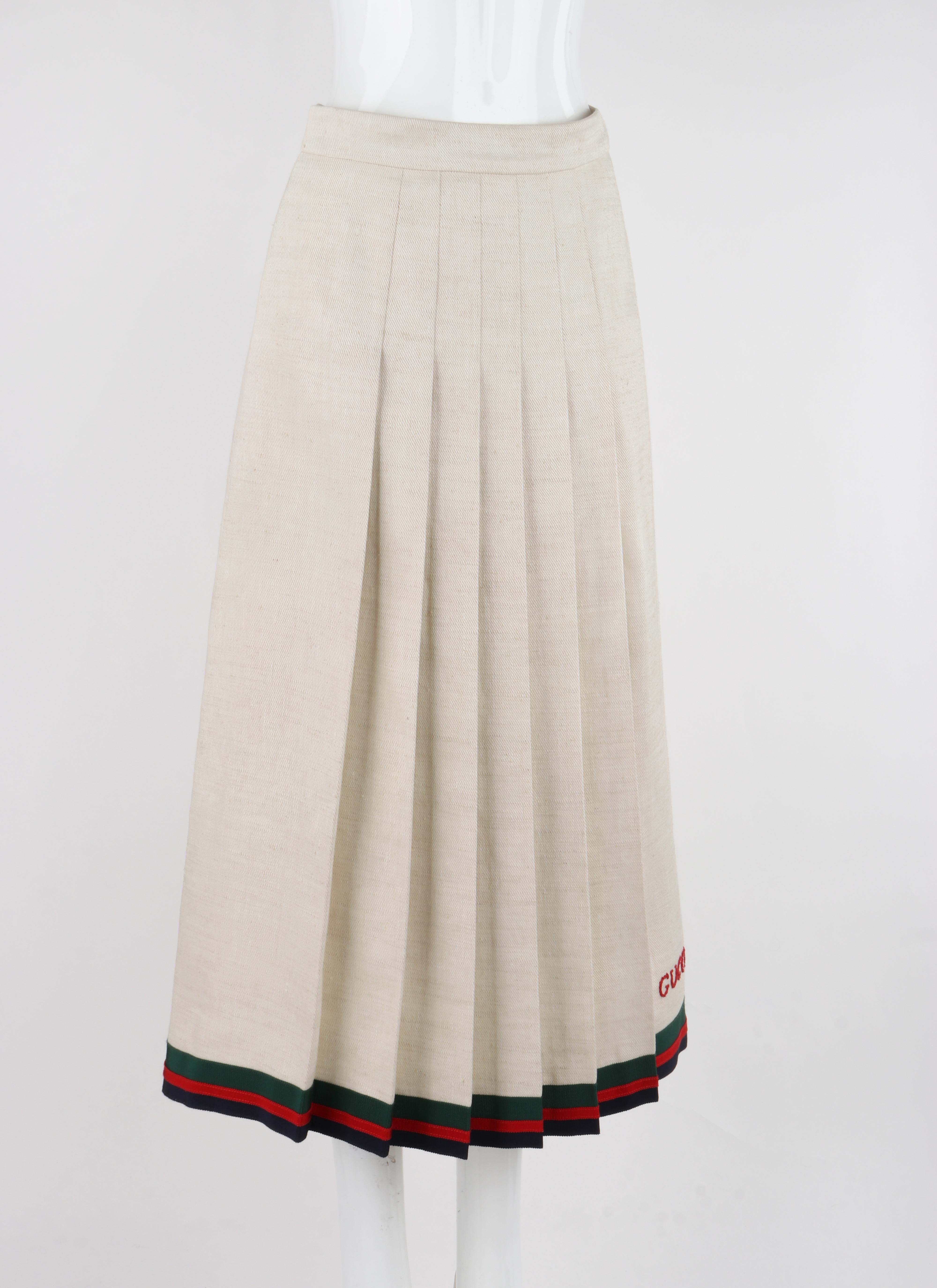 Beige Gucci S/S 2018 Ivory Linen & Silk Pleated Embroidered Equestrian Web Midi Skirt For Sale