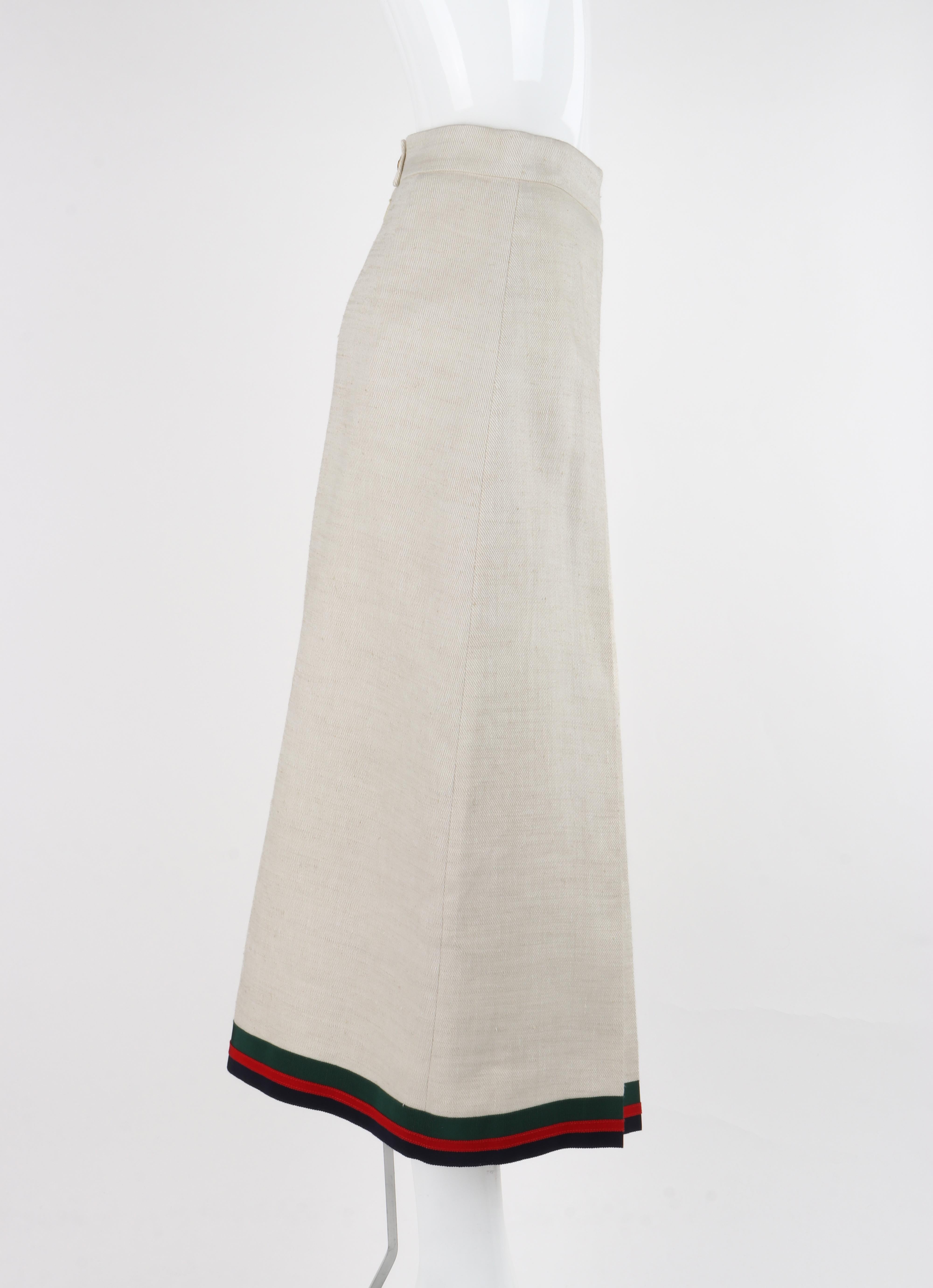 Gucci S/S 2018 Ivory Linen & Silk Pleated Embroidered Equestrian Web Midi Skirt In Good Condition For Sale In Thiensville, WI