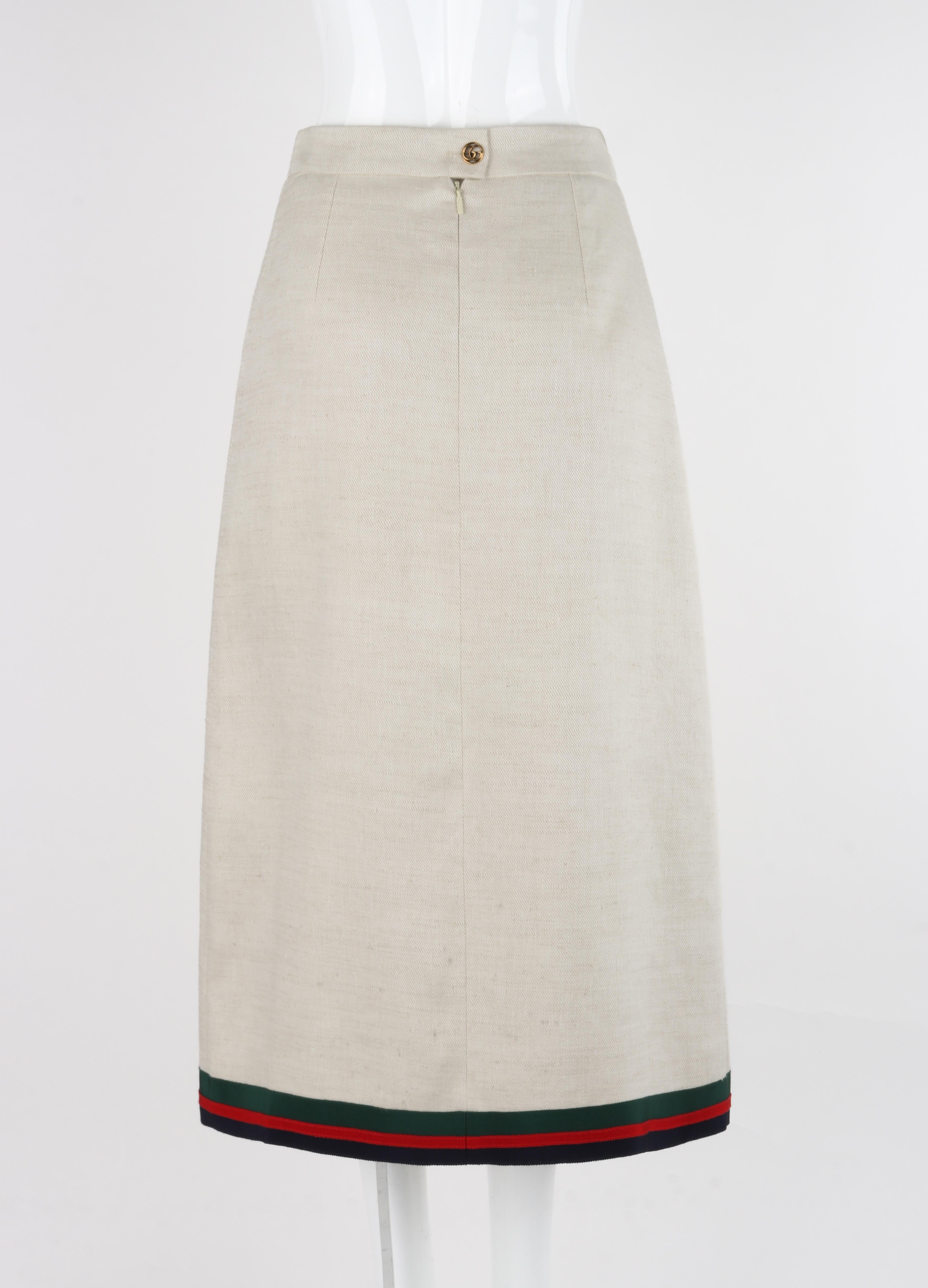 Women's Gucci S/S 2018 Ivory Linen & Silk Pleated Embroidered Equestrian Web Midi Skirt For Sale