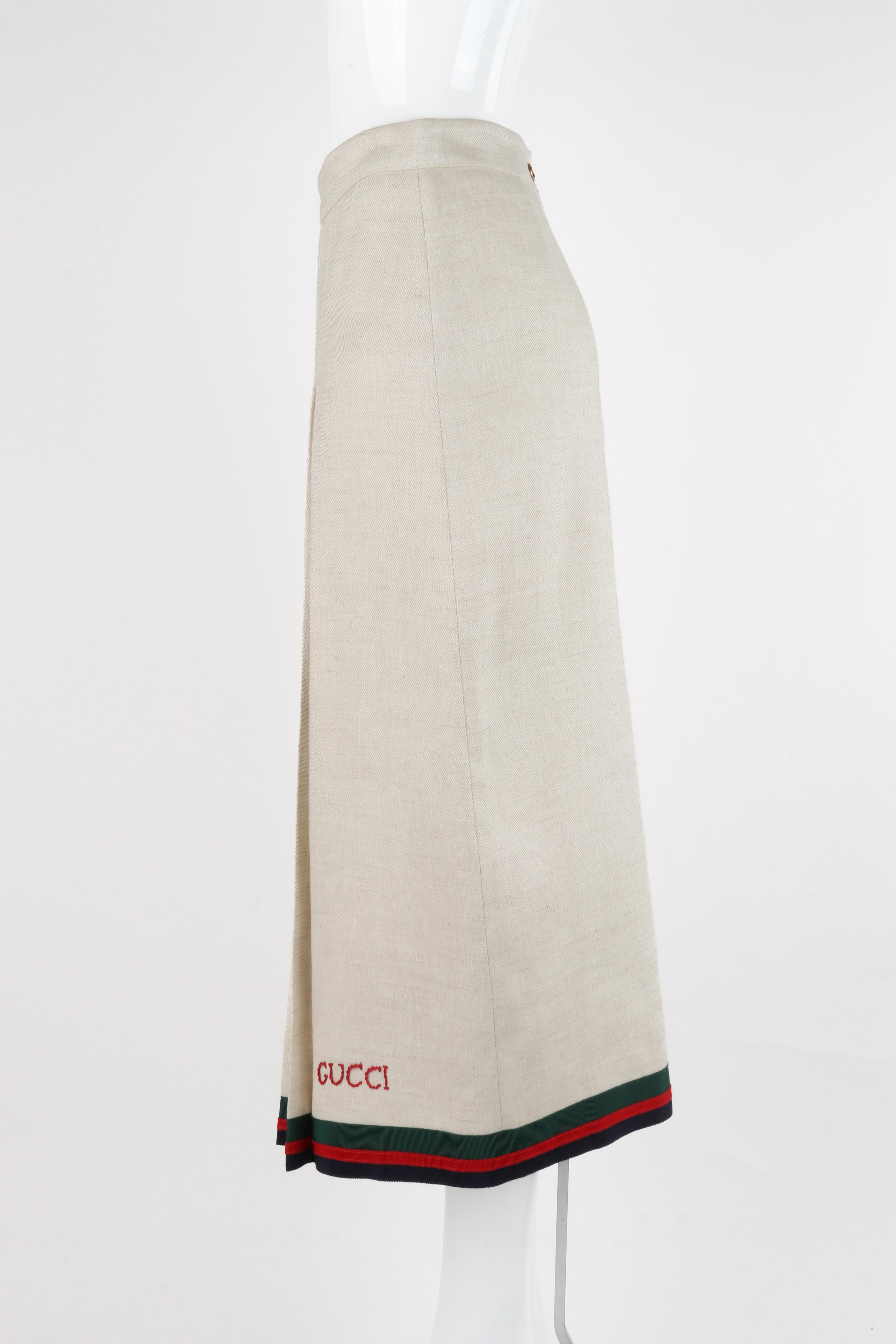 Gucci S/S 2018 Ivory Linen & Silk Pleated Embroidered Equestrian Web Midi Skirt For Sale 1