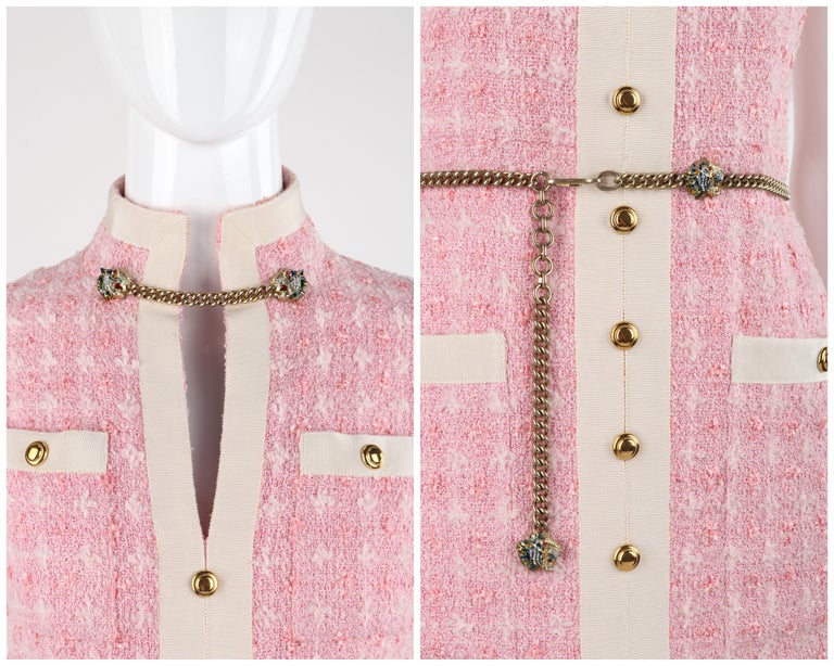 GUCCI S/S 2019 Pink White Gold Boucle Tweed Tiger Chain Belt Sleeveless Dress For Sale 6