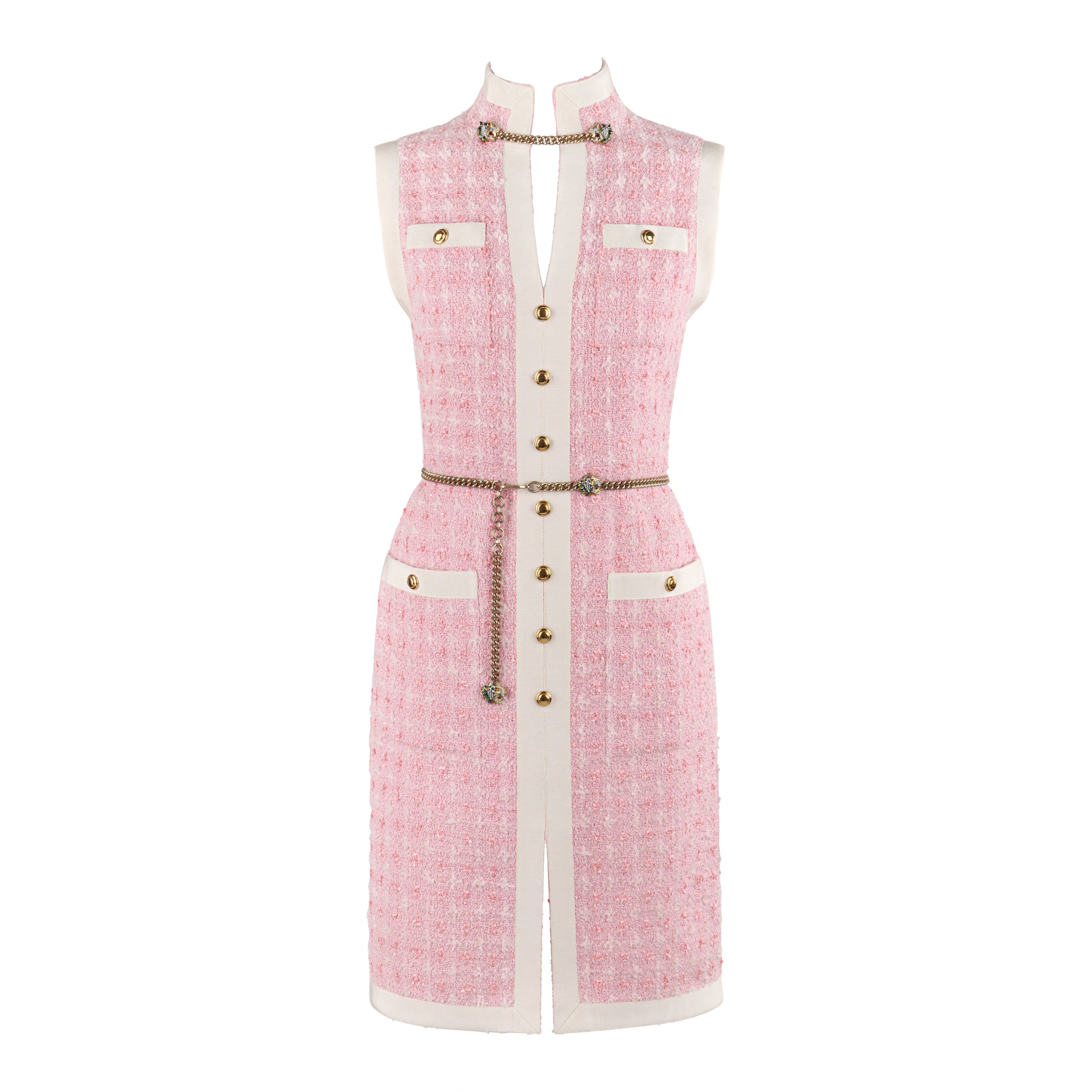 GUCCI F/S 2019 Rosa Weißgold Boucle Tweed Tiger Kette Gürtel ärmelloses Kleid