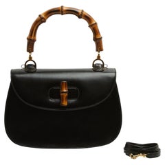 Gucci Sac Bamboo 1947 Large circa 1990 Couture Black Leather Handbag Extra Strap