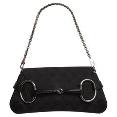 Vintage Gucci Sac Pochette Horsebit Chain Black GG Canvas and Leather Shoulder Bag Clutc