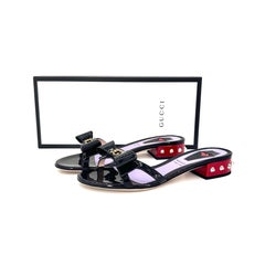 Gucci Sadie Spike Bow GG Charm Patent Leather Slip On Mules Slides 36.5