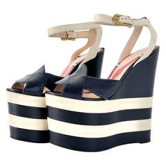 Gucci Sally Nappa Leather Navy Ivory Snake Platform Wedge Sandals 37.5