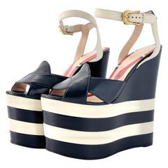 Gucci Sally Nappa Leather Navy Ivory Snake Platform Wedge Sandals 38.5