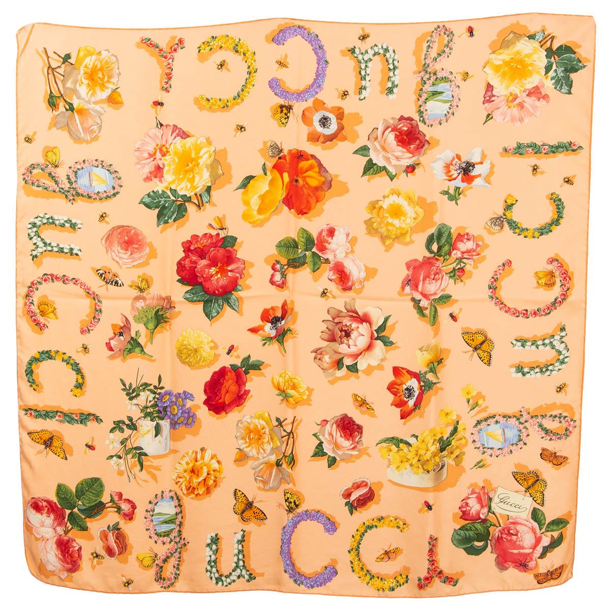 GUCCI salmon pink silk twill FLORAL 90 Scarf For Sale