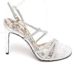 GUCCI Sandal Metallic Silver Leather HAINES Strappy Floral Sz 38