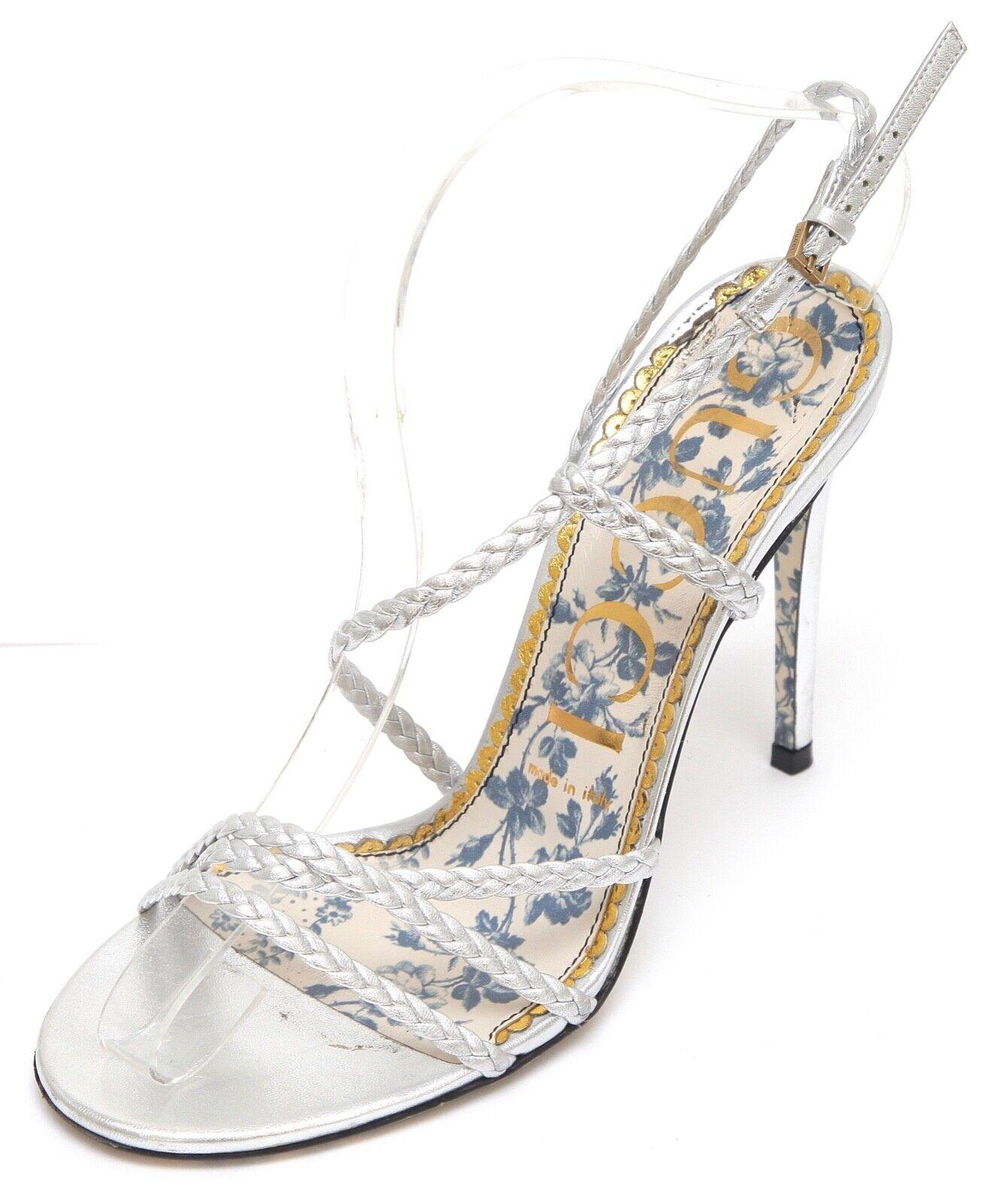 Argent Gucci Sandal Metallic Silver Leather HAINES Strappy Floral Sz 38 en vente