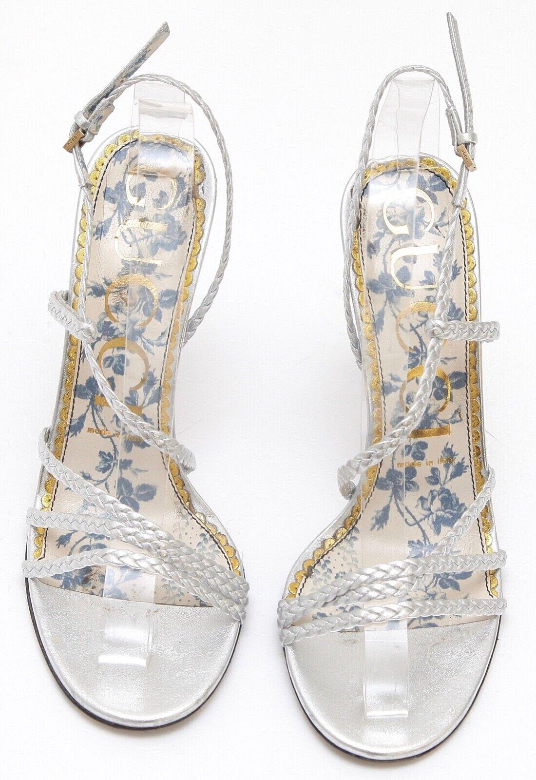 Gucci Sandal Metallic Silver Leather HAINES Strappy Floral Sz 38 Pour femmes en vente