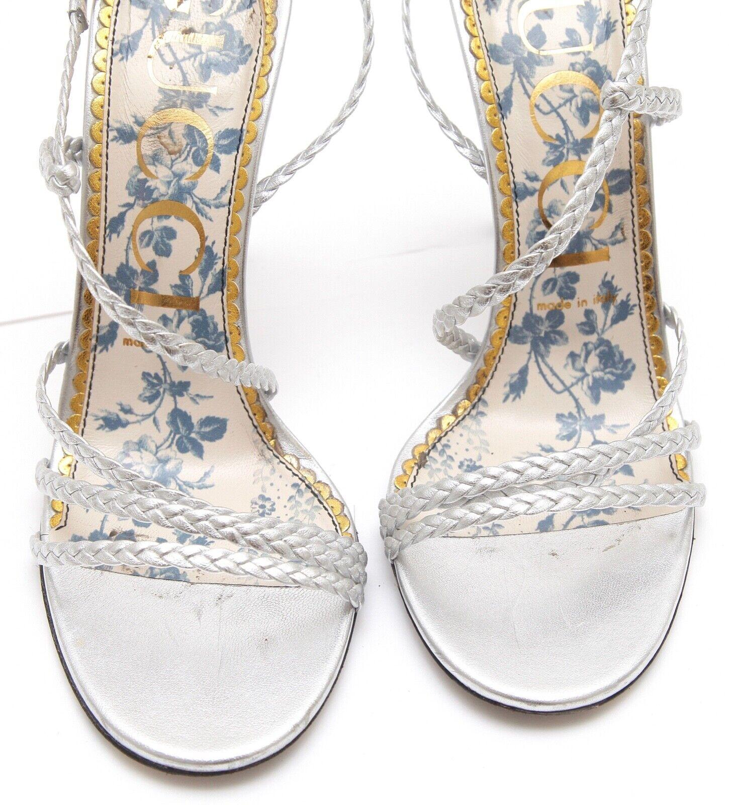 Gucci Sandal Metallic Silver Leather HAINES Strappy Floral Sz 38 en vente 1
