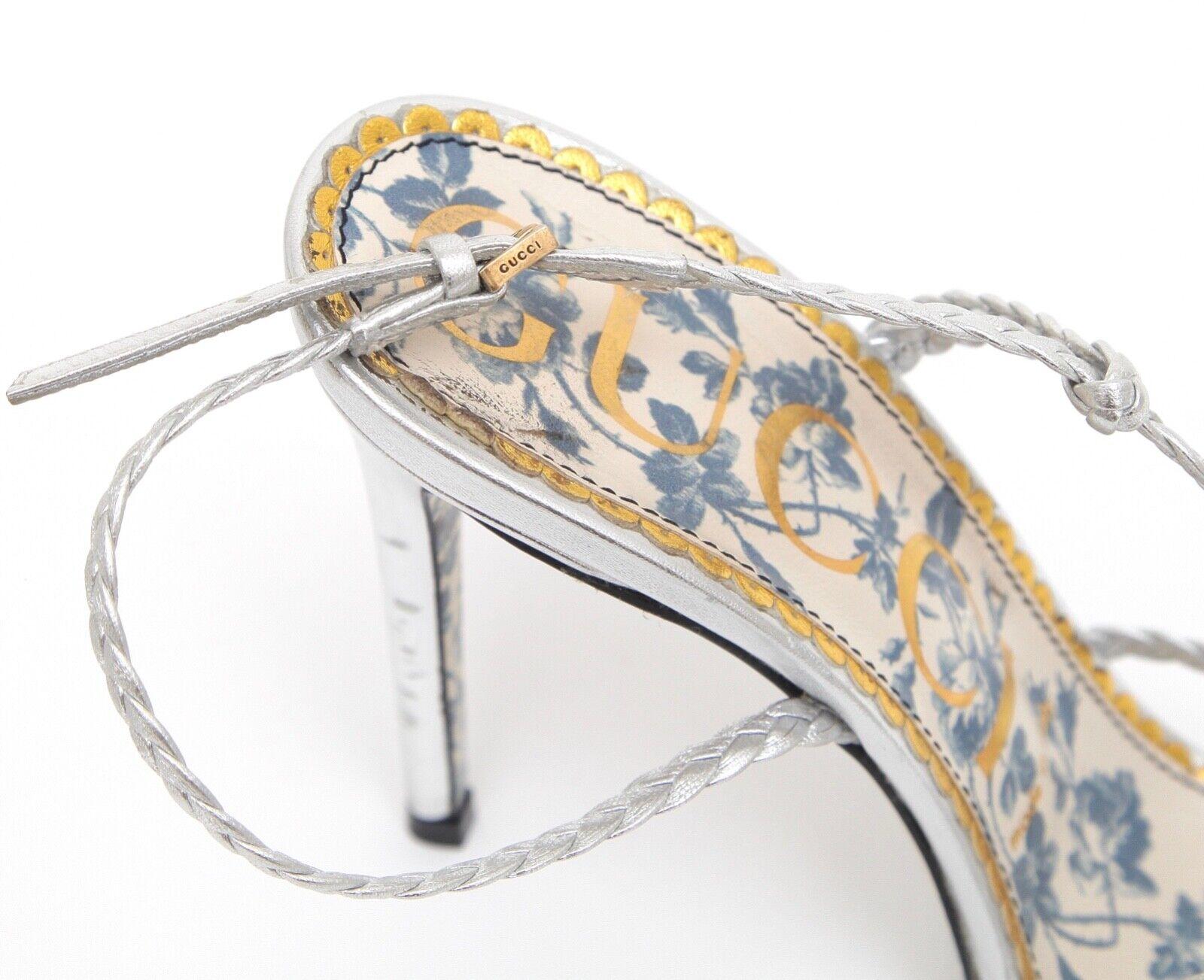Gucci Sandal Metallic Silver Leather HAINES Strappy Floral Sz 38 en vente 2