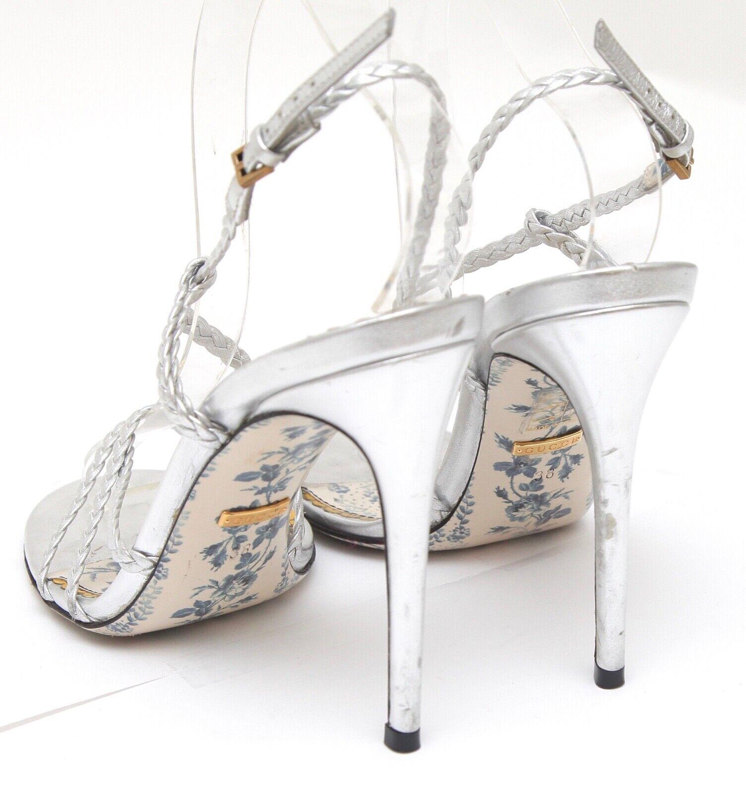 Gucci Sandal Metallic Silver Leather HAINES Strappy Floral Sz 38 en vente 4