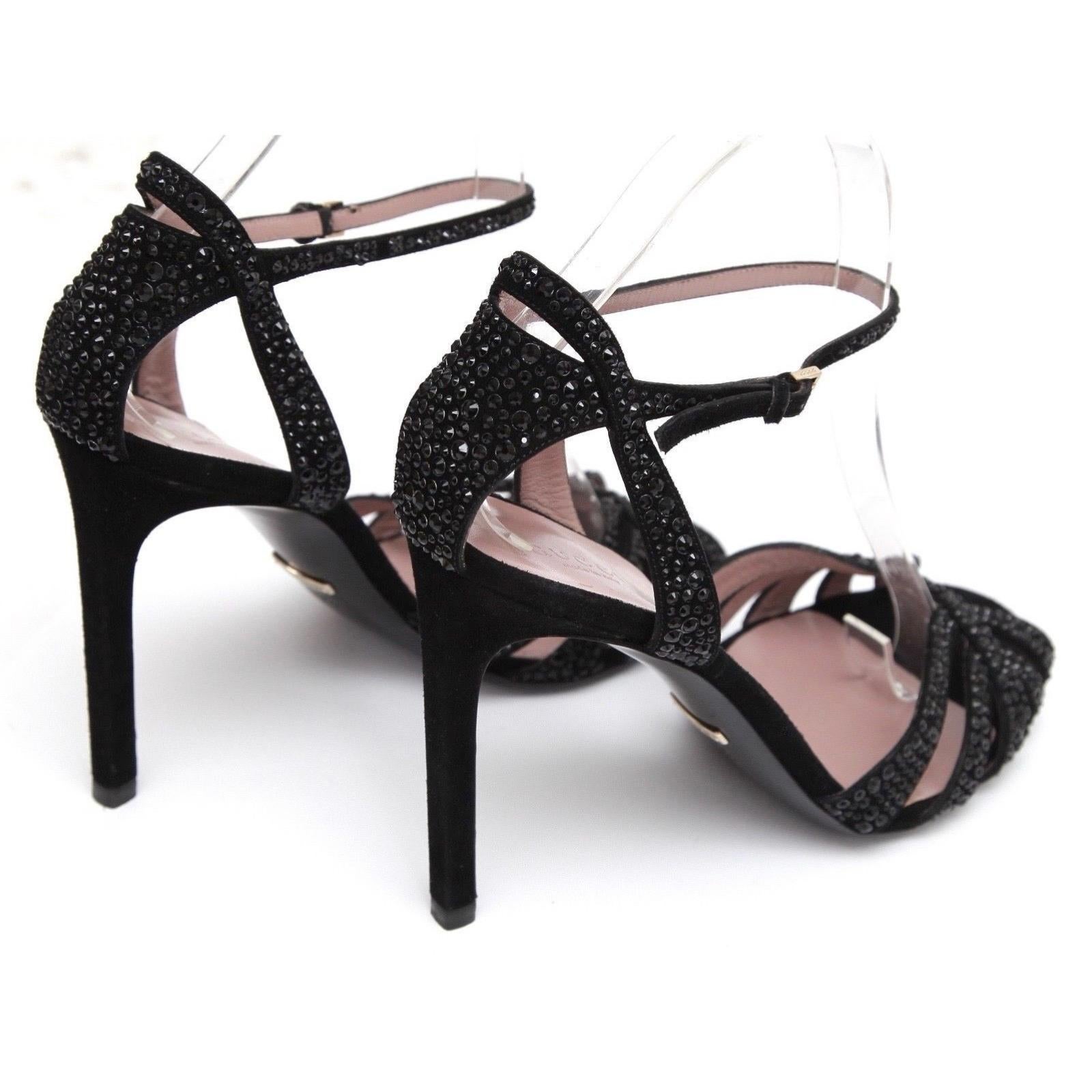 GUCCI Black Sandals Suede Crystal HALA Leather Ankle Strap Gold Buckle Sz 39.5 1