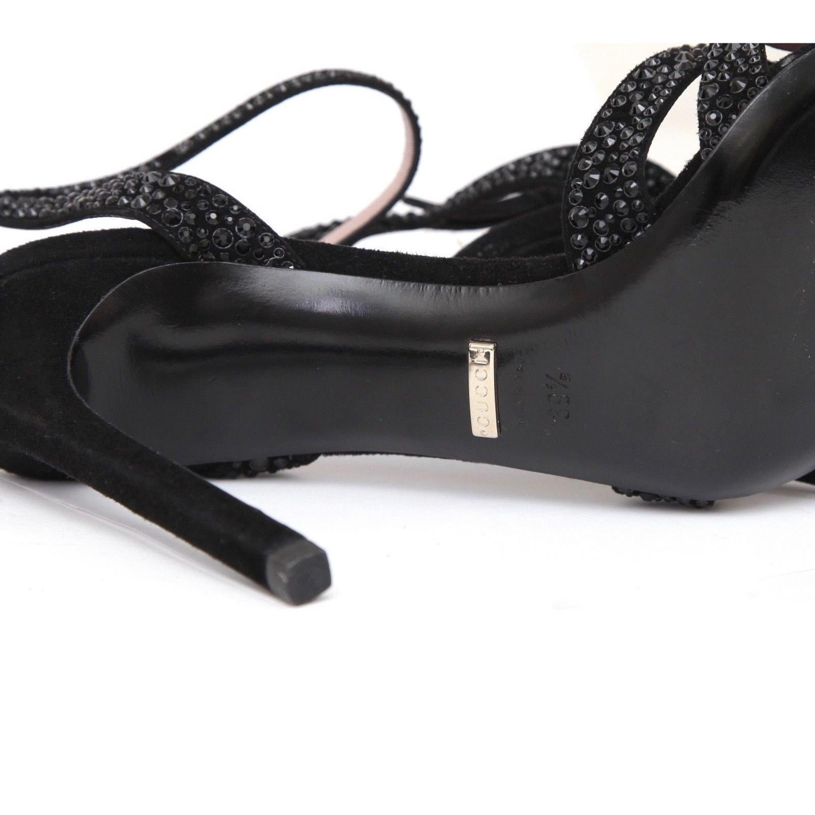 GUCCI Black Sandals Suede Crystal HALA Leather Ankle Strap Gold Buckle Sz 39.5 3