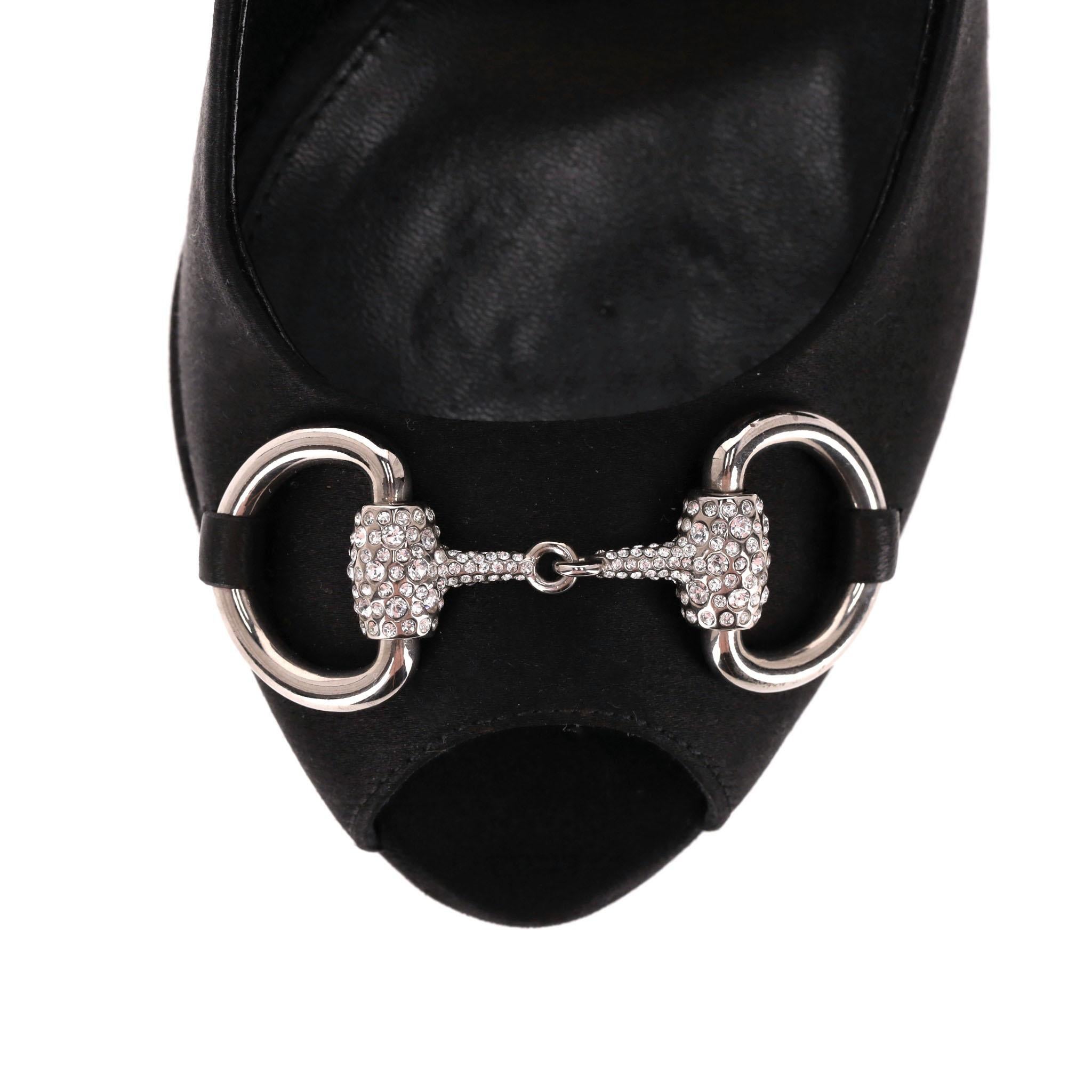 Gucci Satin Crystal Horsebit Peep Toe Heels For Sale 1