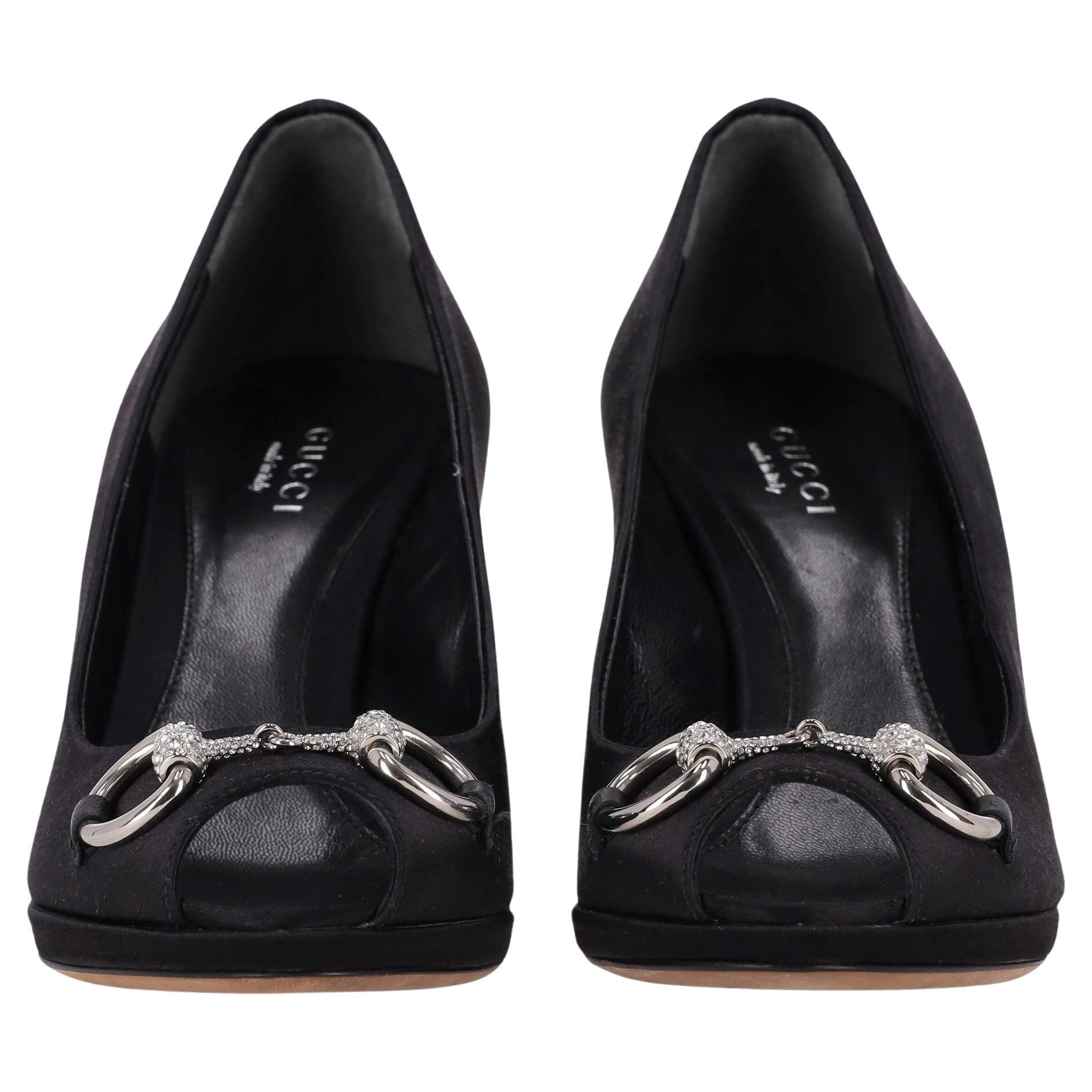 Gucci Satin Crystal Horsebit Peep Toe Heels For Sale
