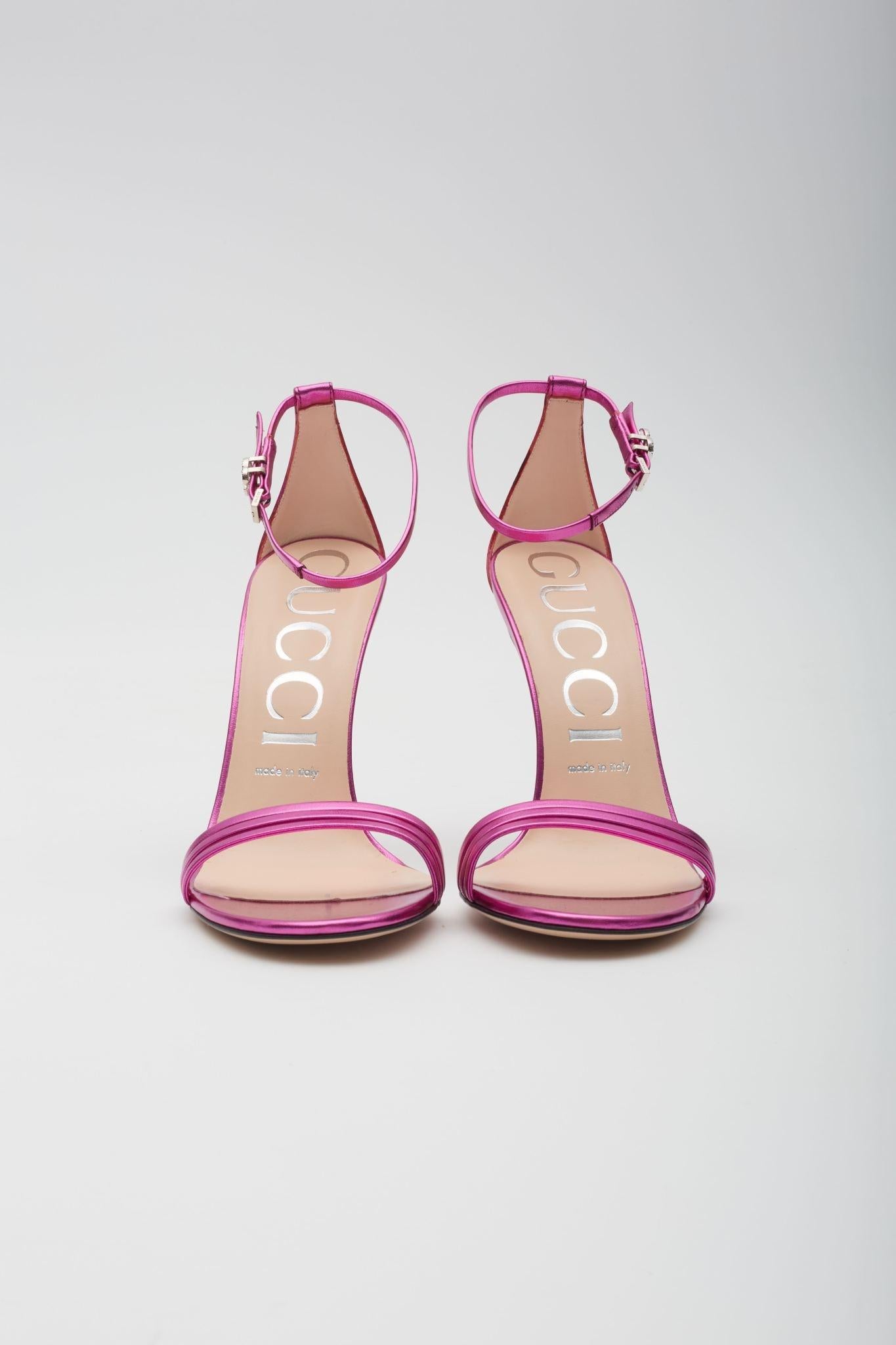 Pink Gucci Satin Metallic Leather Sandal Heels Fuchsia EU 38 For Sale