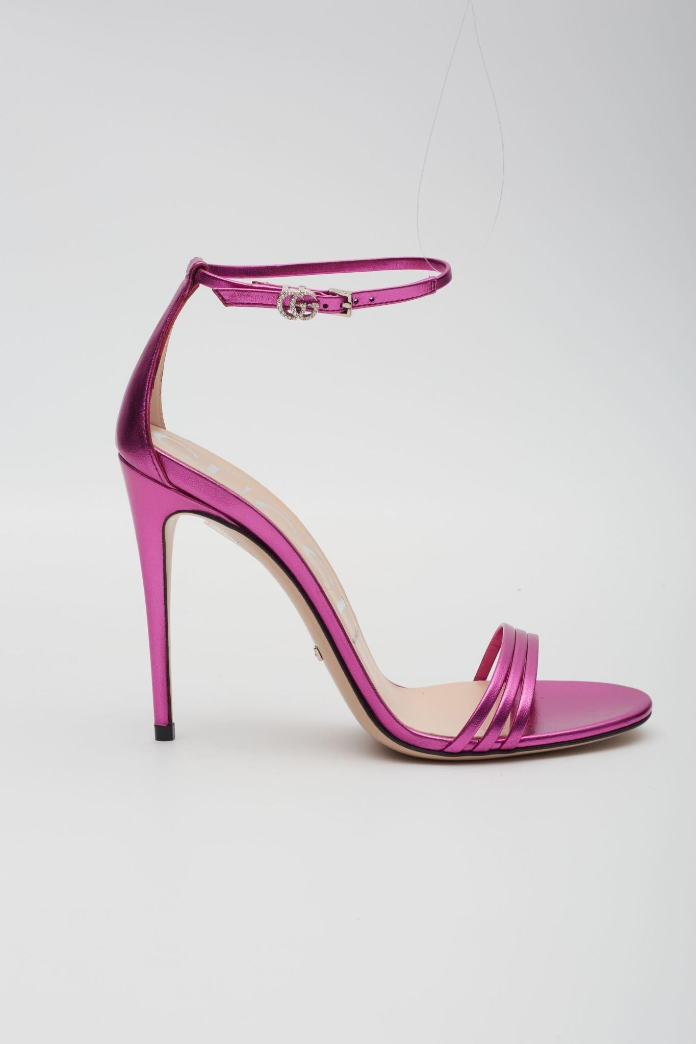 Gucci Satin Metallic Leather Sandal Heels Fuchsia EU 38 For Sale 3