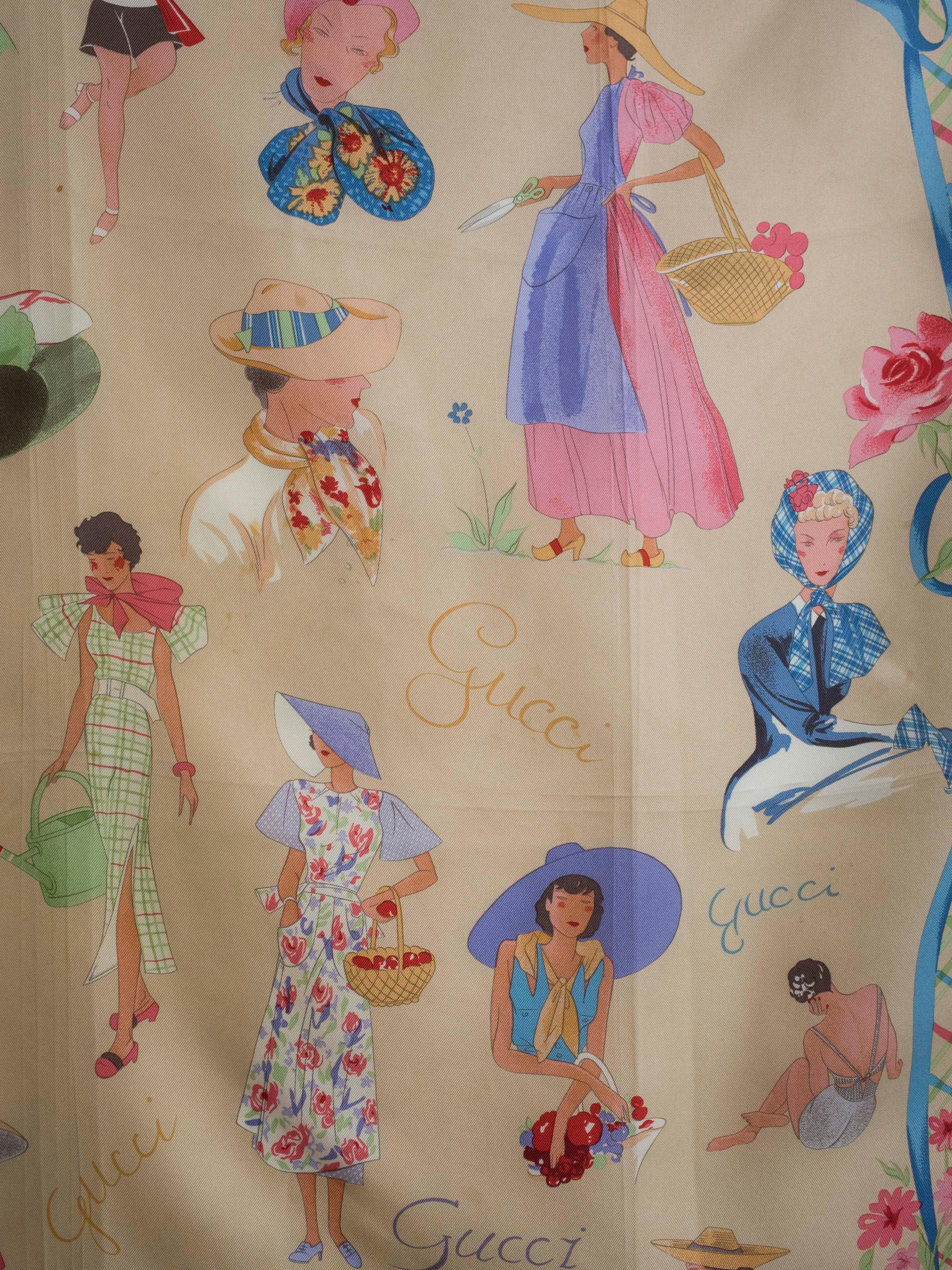 Vintage silk scarf by Gucci. Features charming print of women in 1940s style dress. 

Measures 34” square
