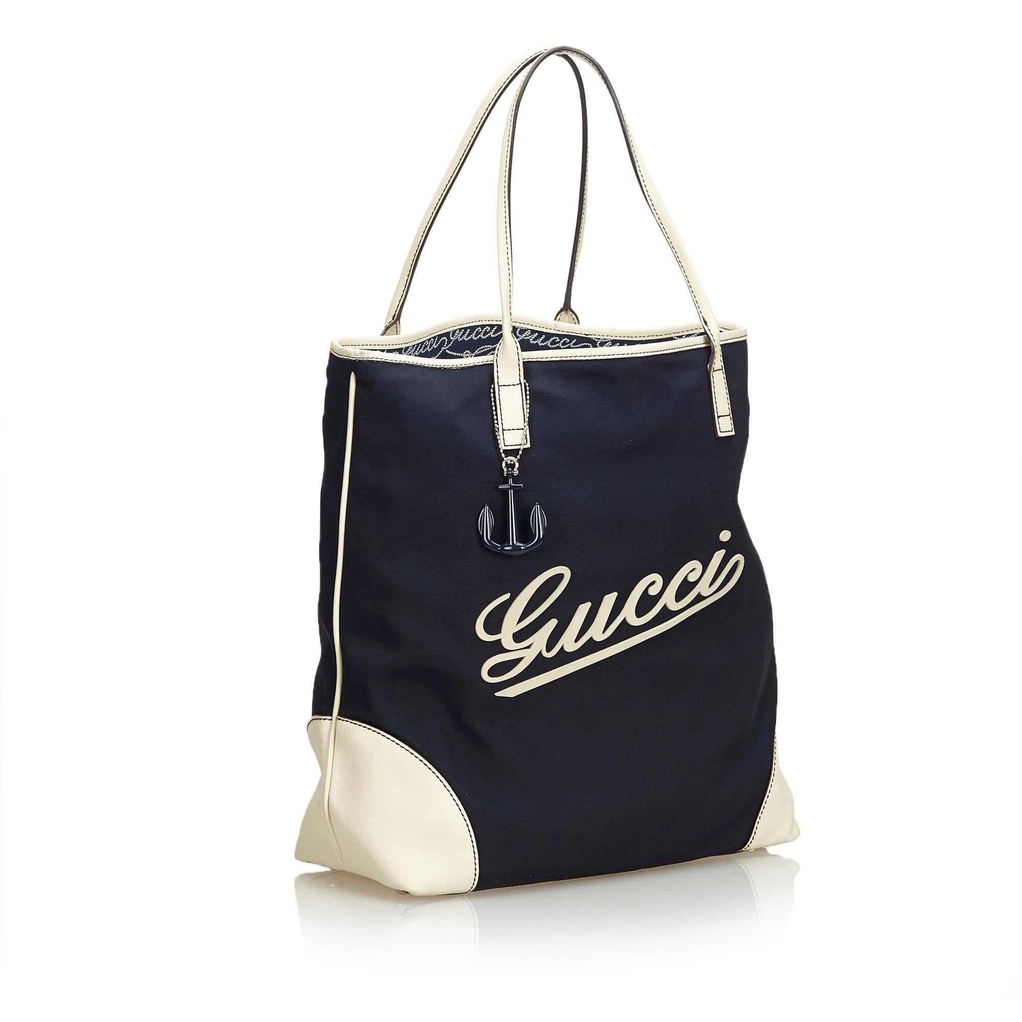 Gucci Script Logo Nylon Tote

This tote bag features a nylon body with leather trim, flat leather straps, an open top, and interior zip and slip pockets. 

Approx. 

36.5cm x 36cm x 15cm
Strap drop: 19cm