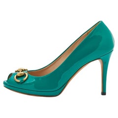 Gucci Sea Green Patent Leather Jolene Horsebit Peep Toe Pumps Size 36.5
