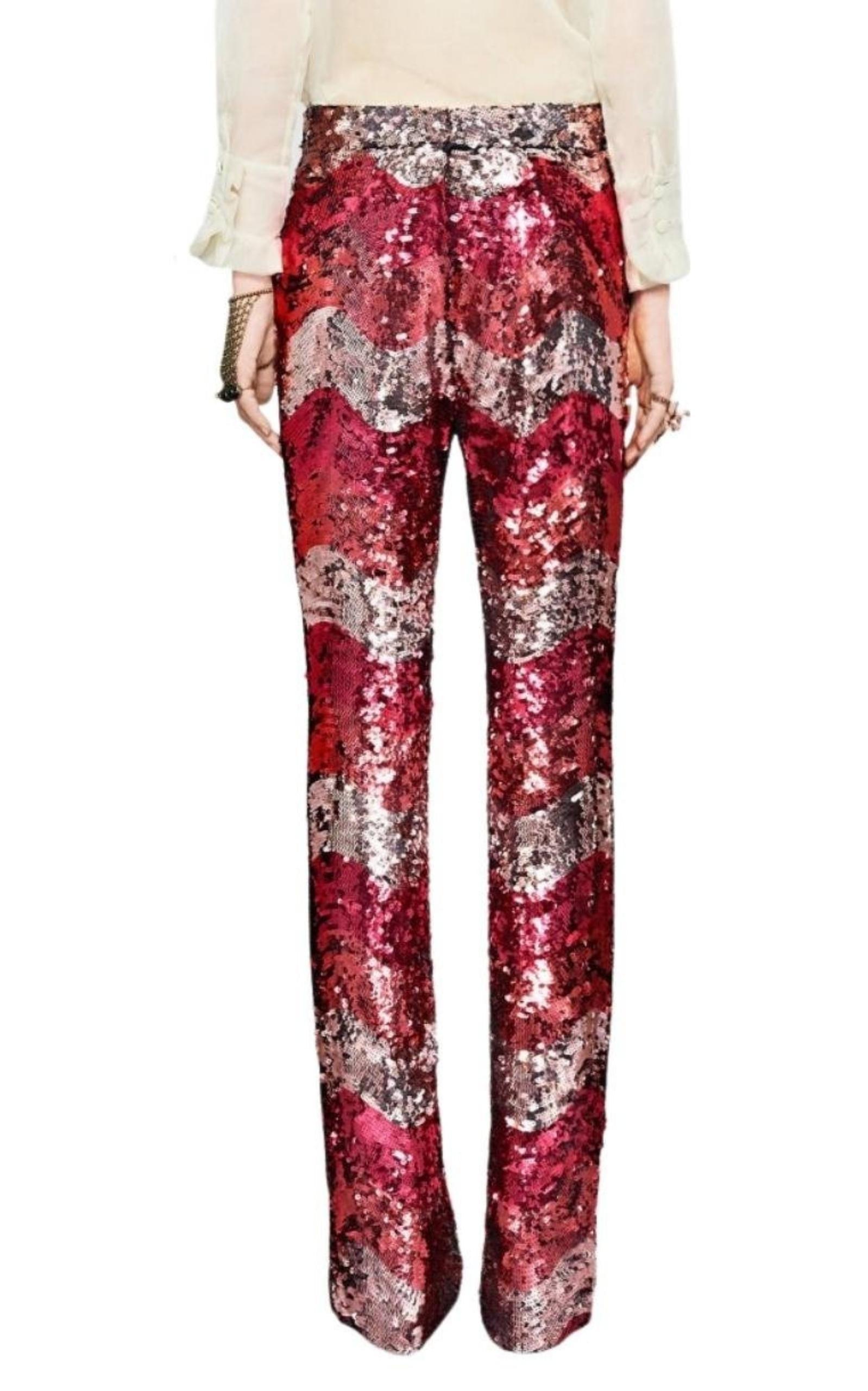 Brown Gucci Sequin Snake Straight Leg Pants in Red IT 44 US 8 For Sale