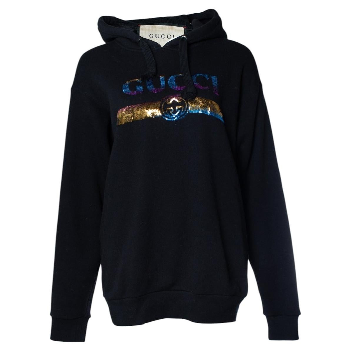 Gucci, schwarzer Logo-Kapuzenpullover mit Paillettenbesatz
