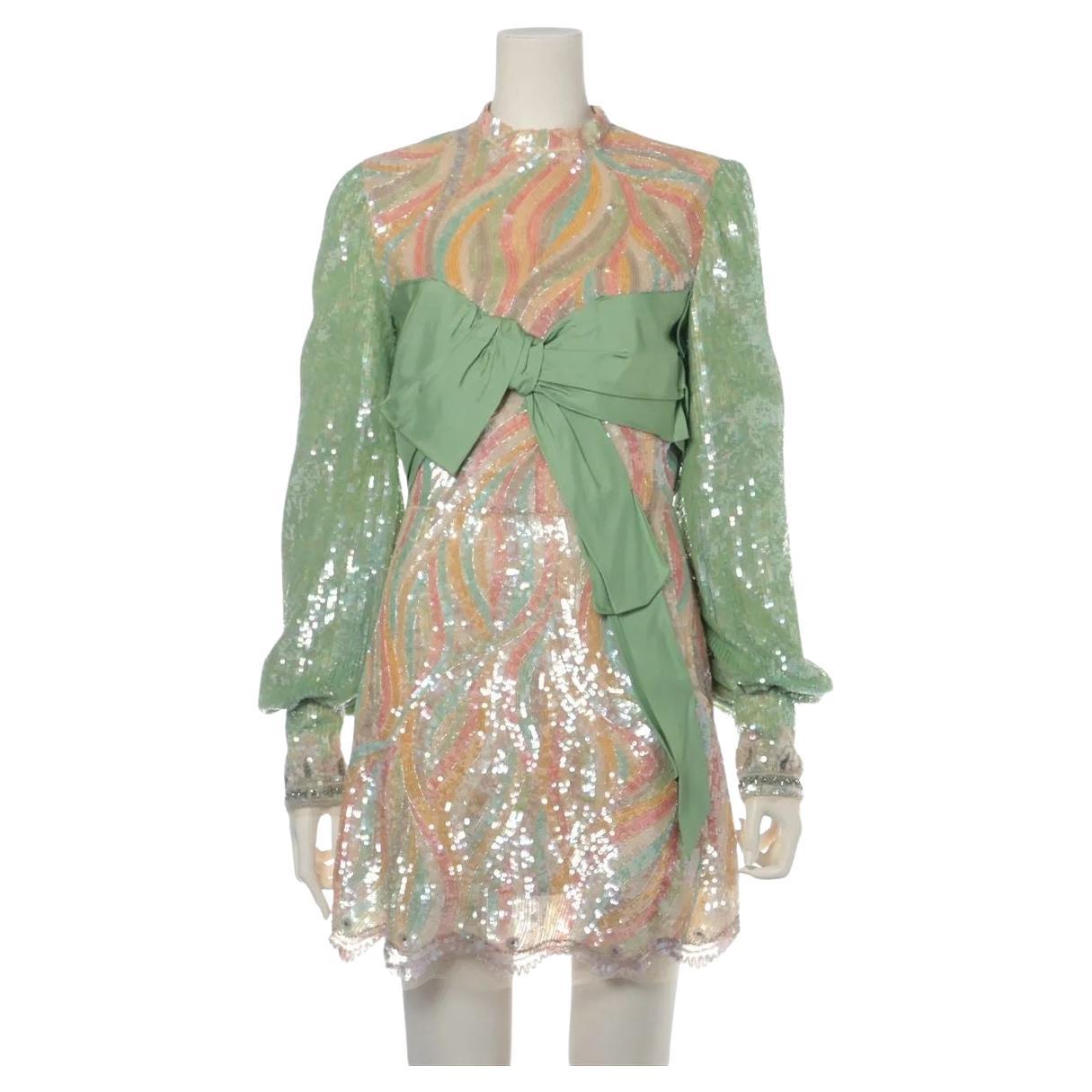 Gucci Sequins *exclusive runway* Silk Ribbon Long Sleeve MiniDress OrangexGreen For Sale