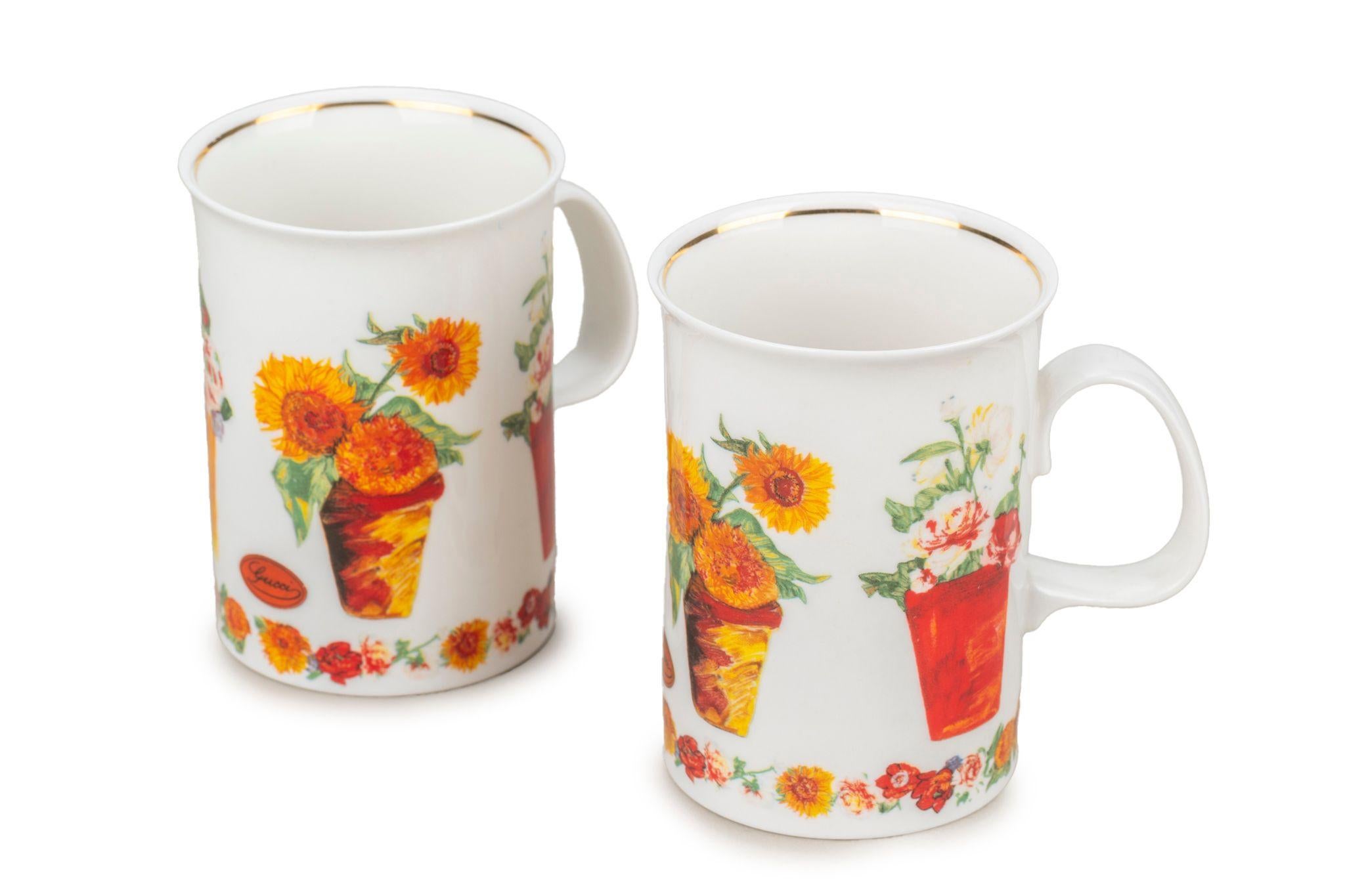 Gucci set of 2 porcelain flower vases tea cups, white, red, yellow. Excellent condition.