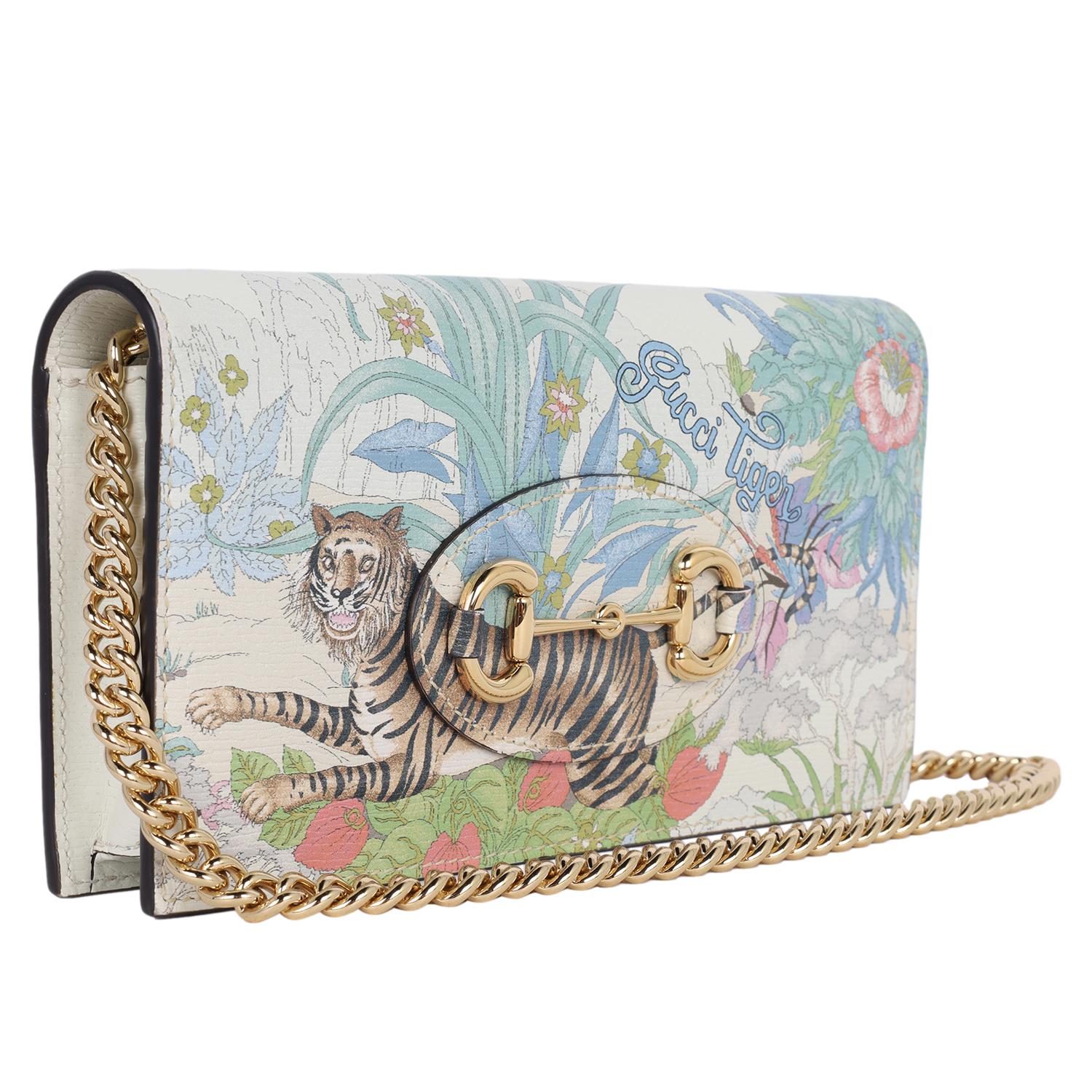 Women's Gucci Shangai Calfskin Tiger Savanah Horsebit 1955 Wallet on a chain Chalky