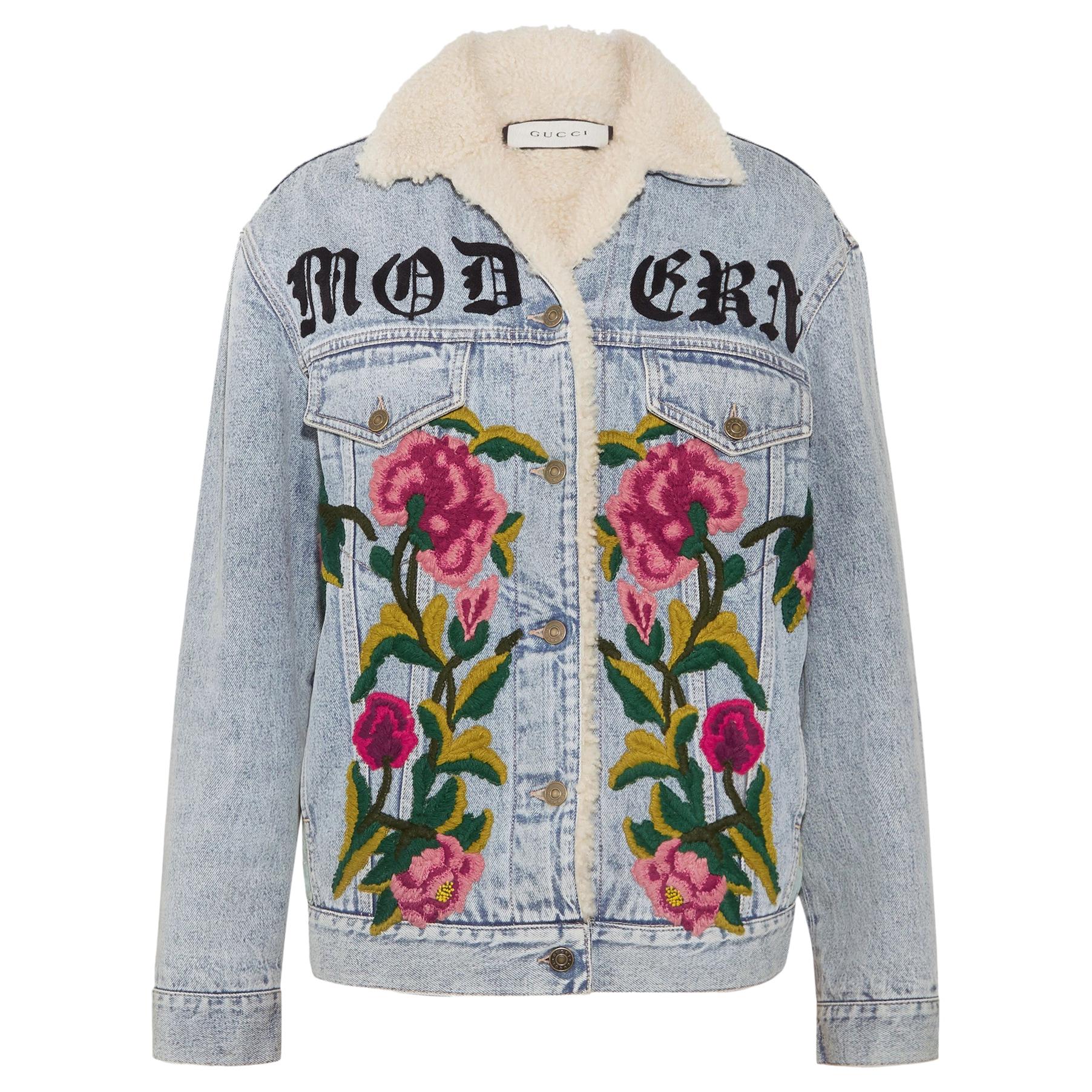 Gucci Shearling-Lined Embroidered-Denim and Jacquard Jacket Sale at 1stDibs | gucci shearling jacket, gucci shearling denim jacket, gucci shearling jacket