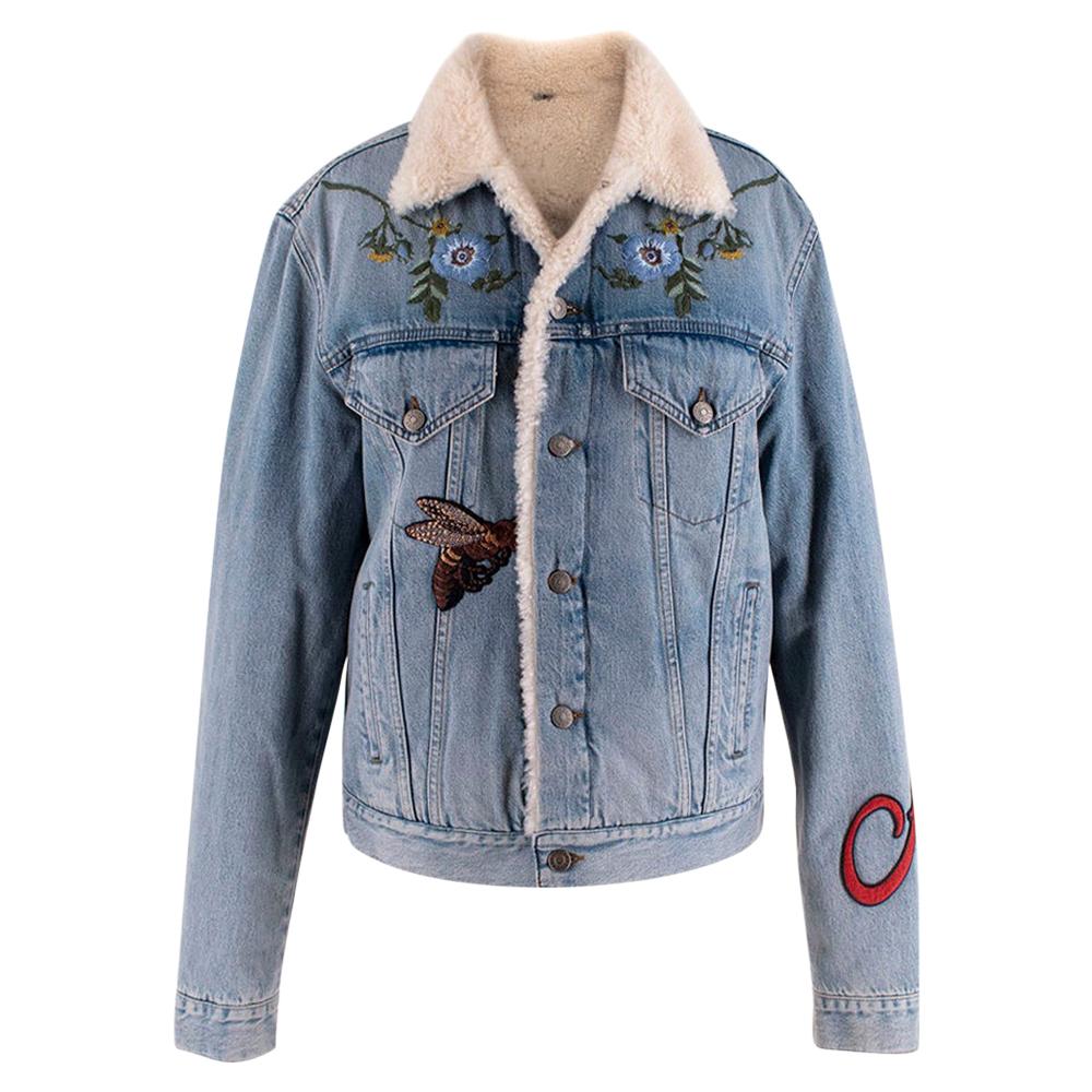 Gucci Shearling-Lined Embroidered Denim Jacket - Size Large - IT46