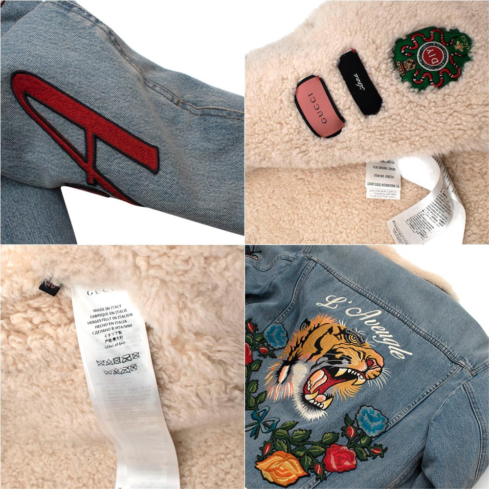 Gucci Shearling-Lined Embroidered Denim Jacket US10 For Sale 1