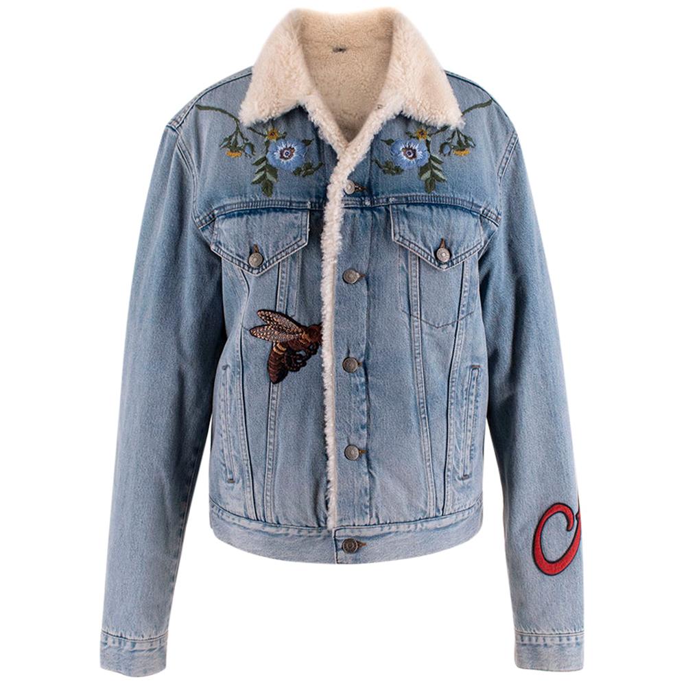 Gucci Shearling-Lined Embroidered Denim Jacket US10 For Sale