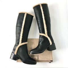 Gucci Shearling Trim Black Leather Knee High Pull On Riding Boots 37