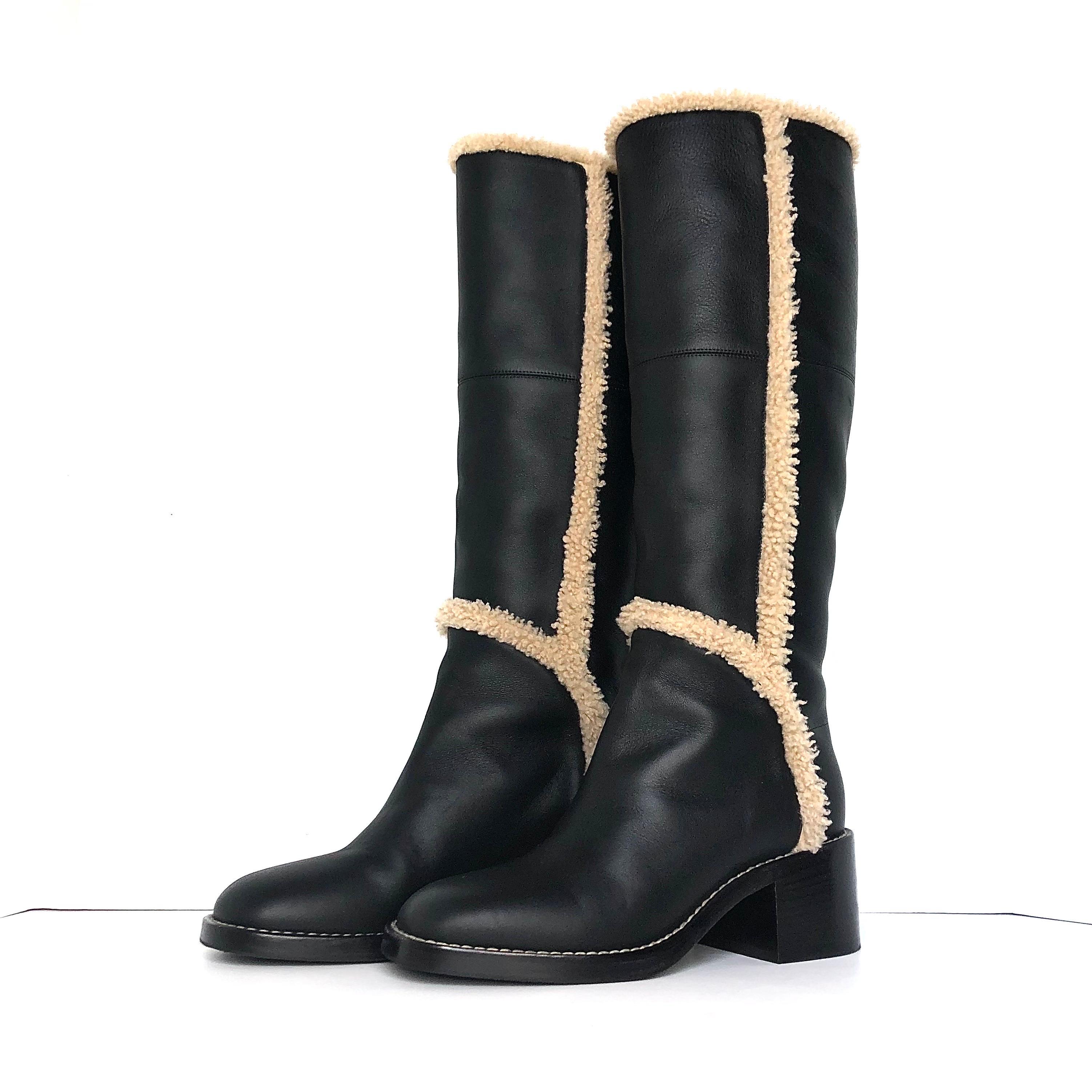 Gucci Shearling Trim Black Leather Knee High Pull On Riding Boots 37 Negro en venta