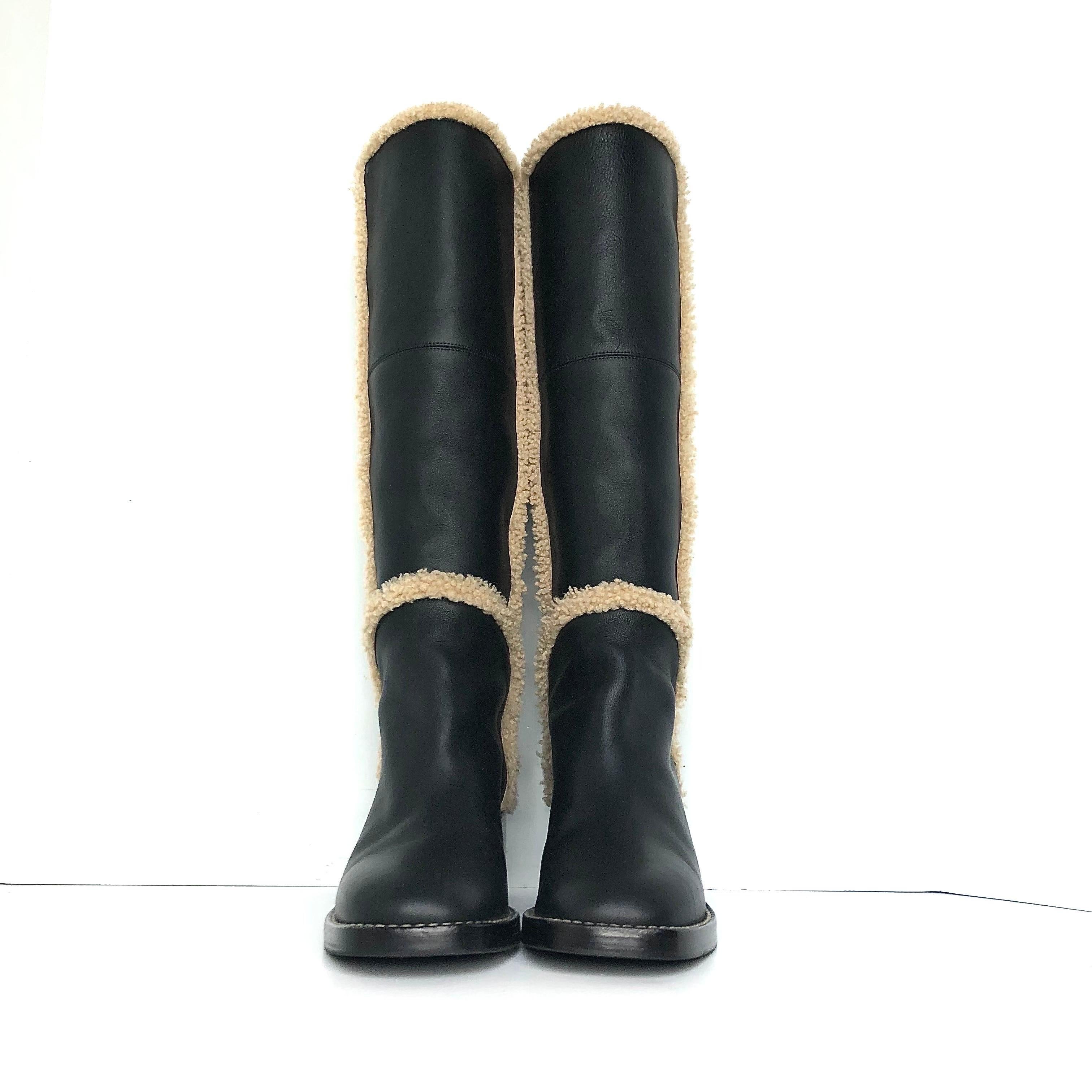 De las mujeres Gucci Shearling Trim Black Leather Knee High Pull On Riding Boots 37 en venta