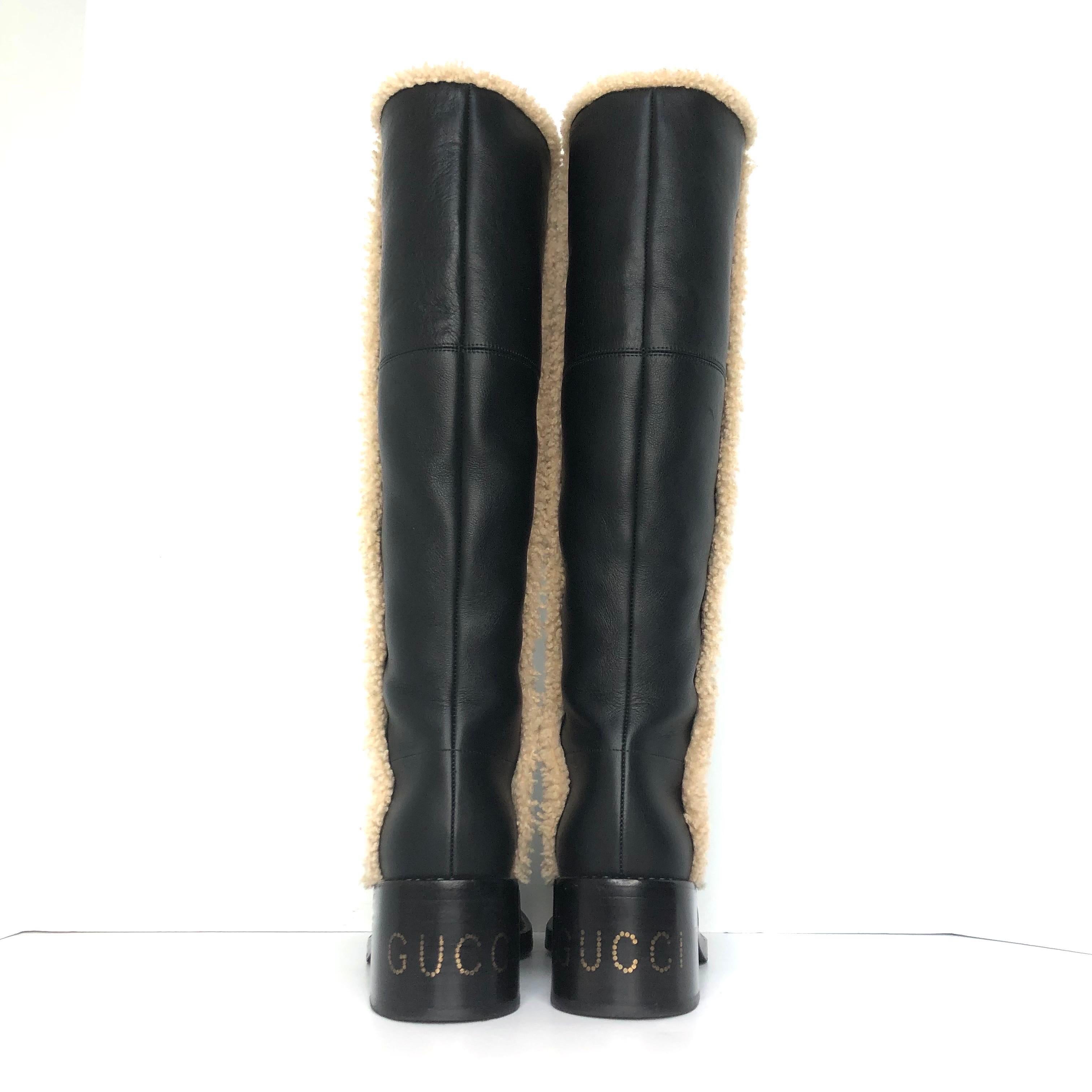 Gucci Shearling Trim Black Leather Knee High Pull On Riding Boots 37 en venta 2