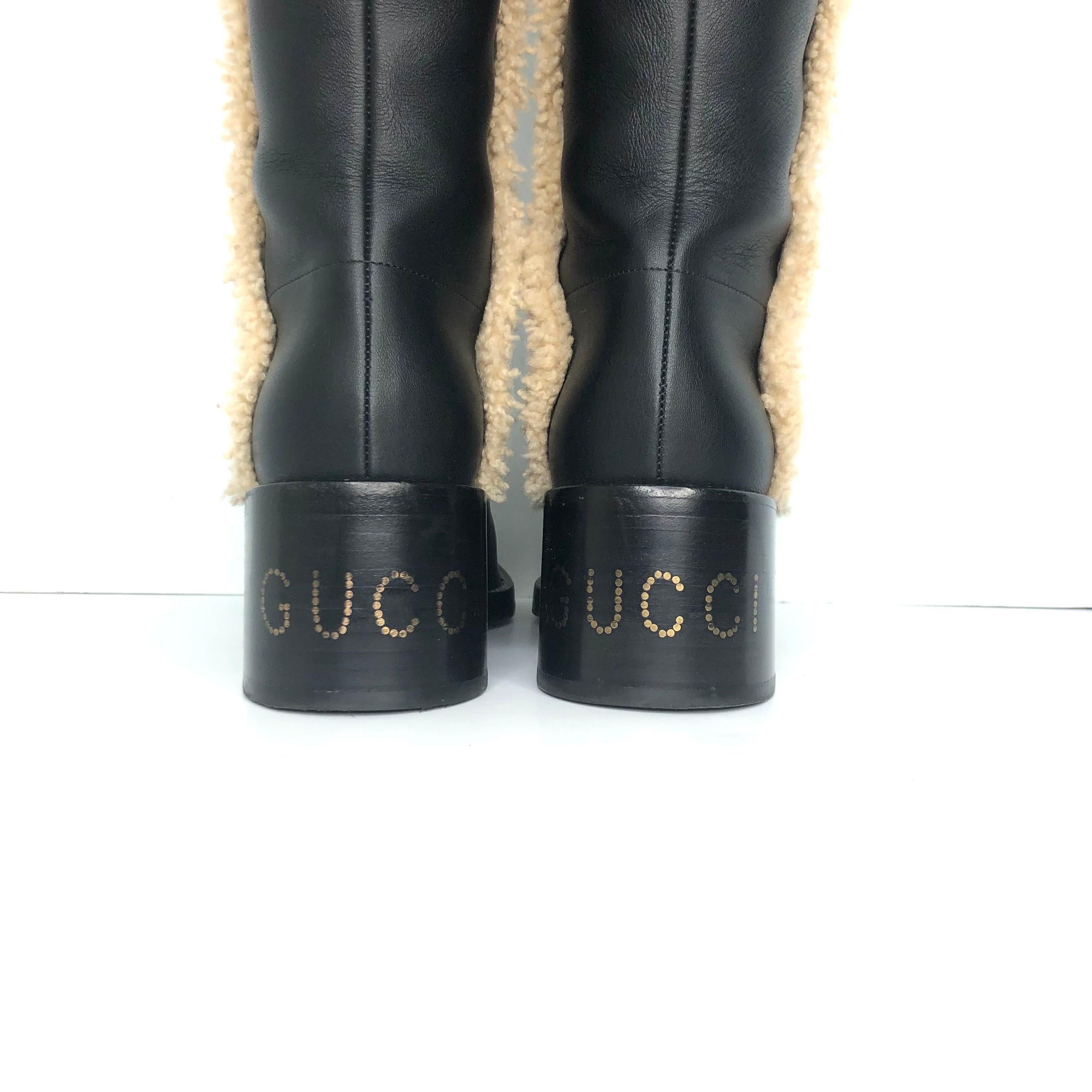 Gucci Shearling Trim Black Leather Knee High Pull On Riding Boots 37 en venta 3