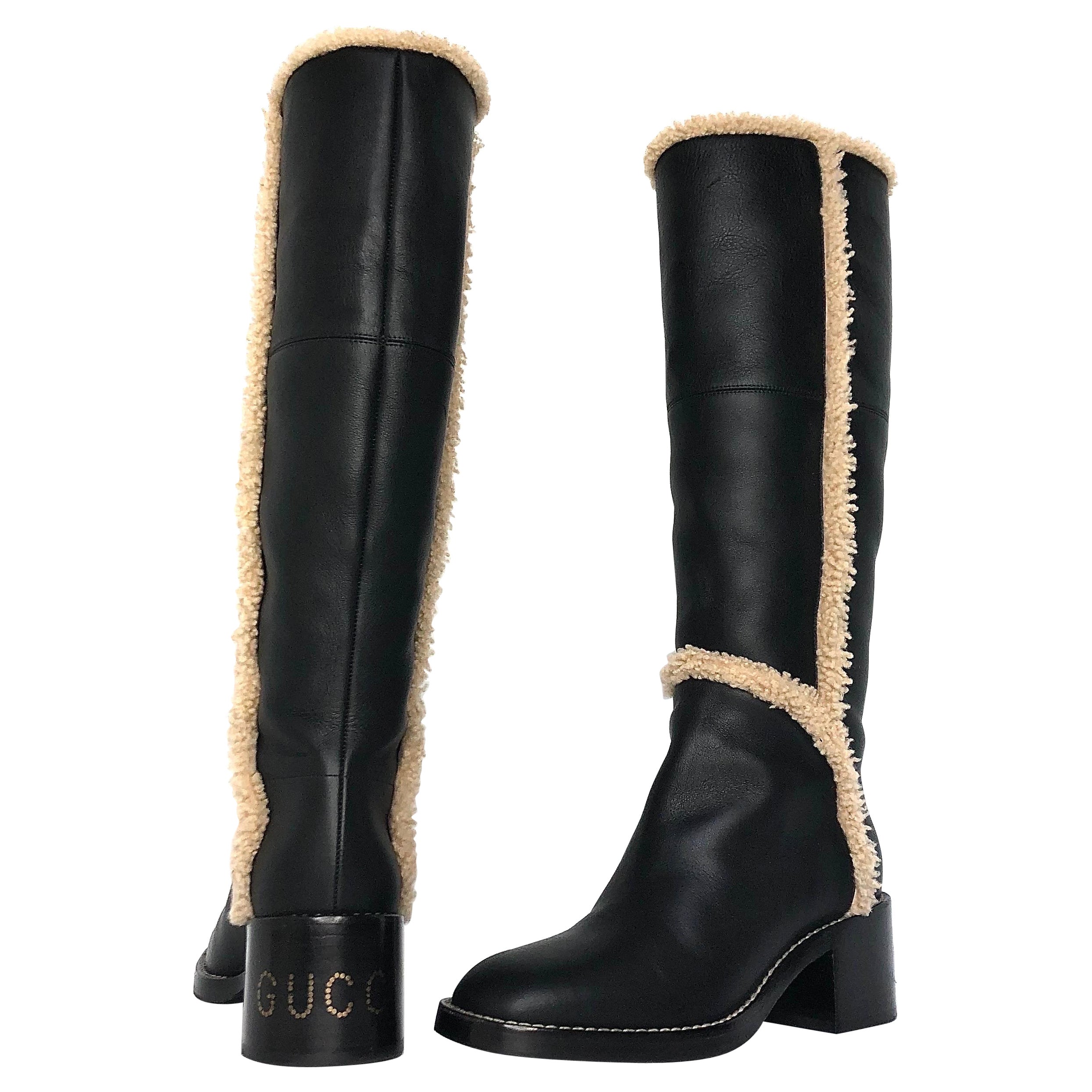 Gucci Shearling Trim Black Leather Knee High Pull On Riding Boots 37
