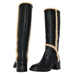 Gucci Shearling Trim Black Leather Knee High Pull On Riding Boots 37