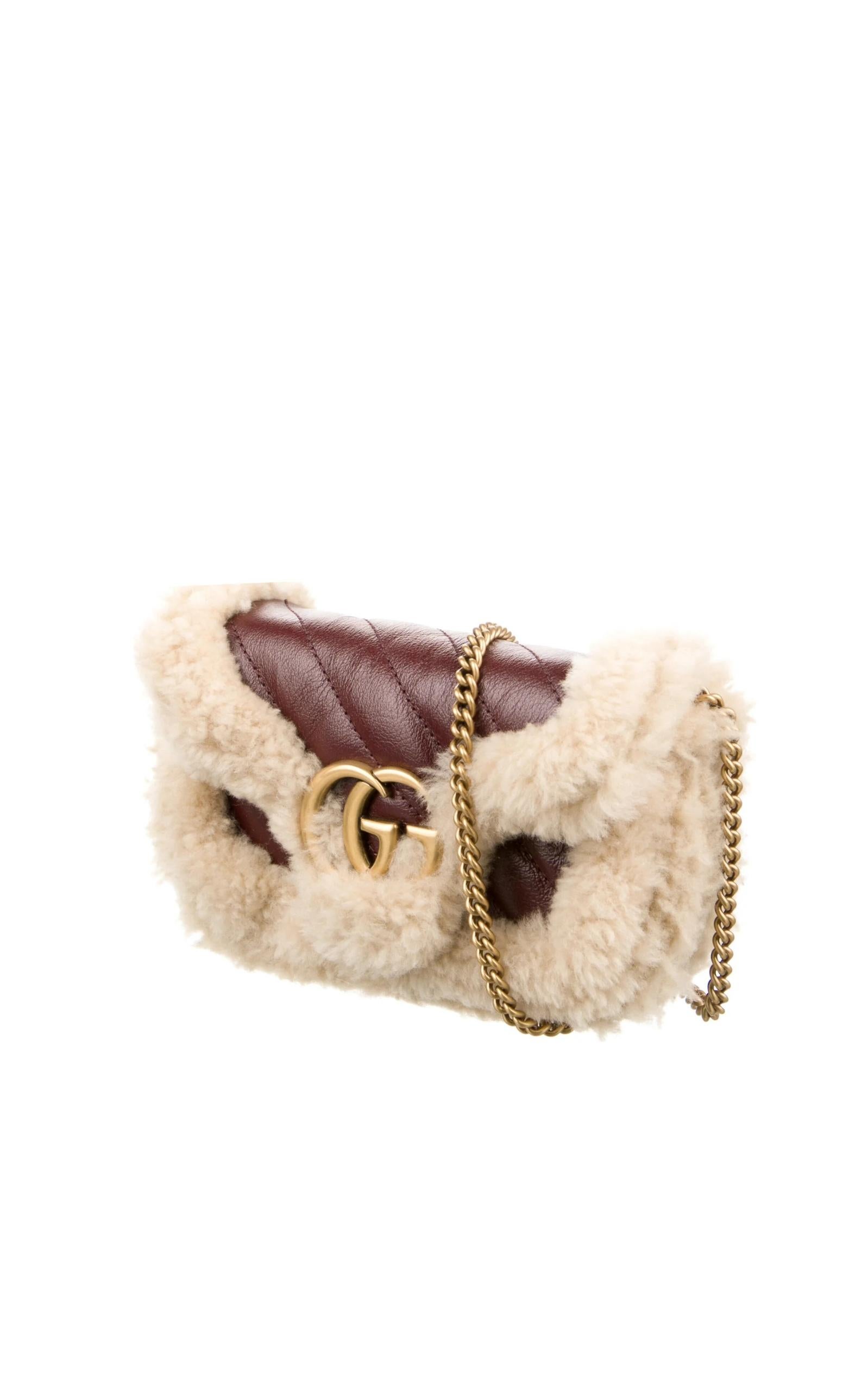 Beige Gucci Shearling Trim Super Mini GG Marmont Shoulder Bag