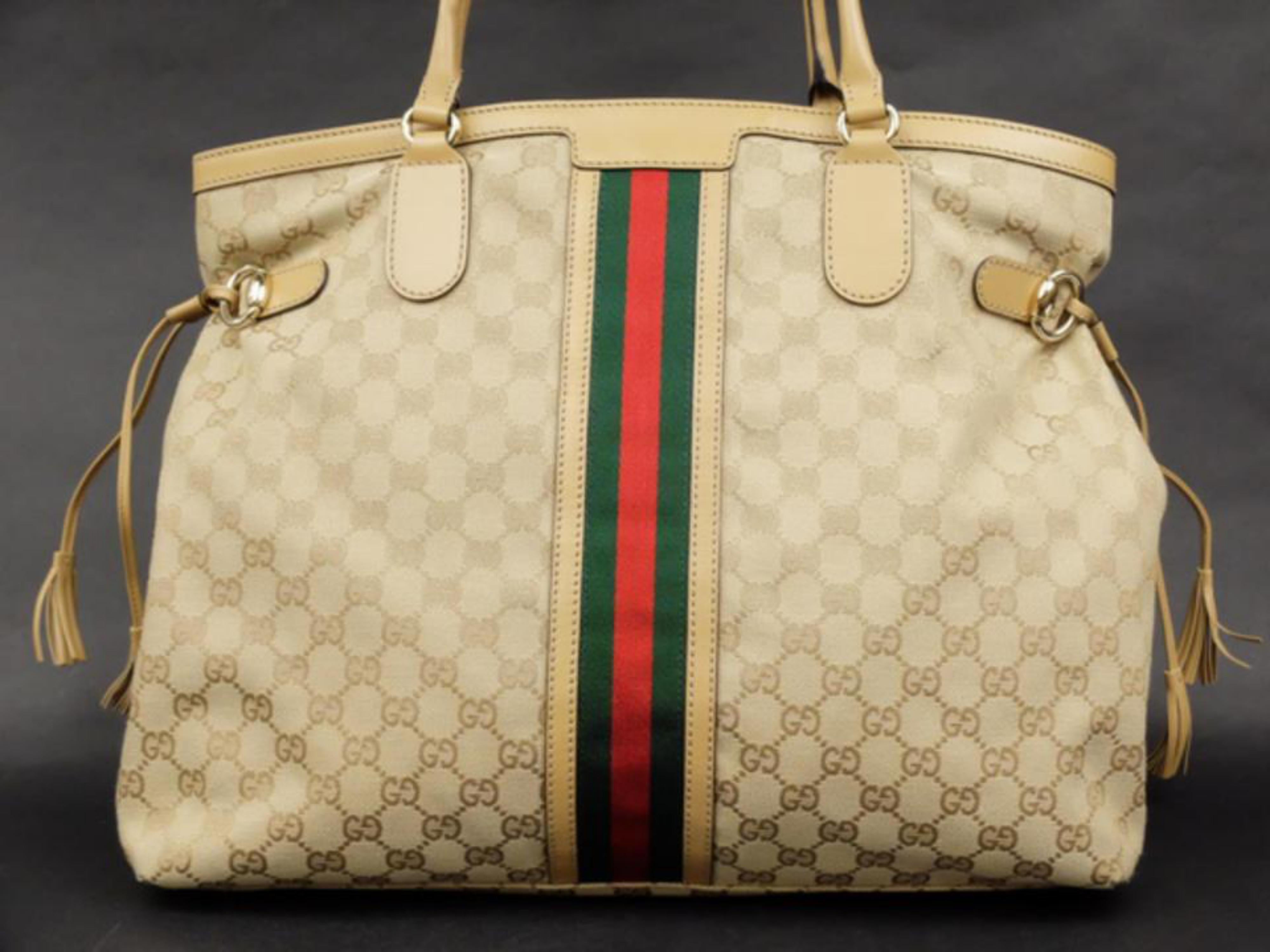 Gucci Sherry Monogram Vintage Web Tassel Tote 228679 Beige Canvas Hobo Bag For Sale 1