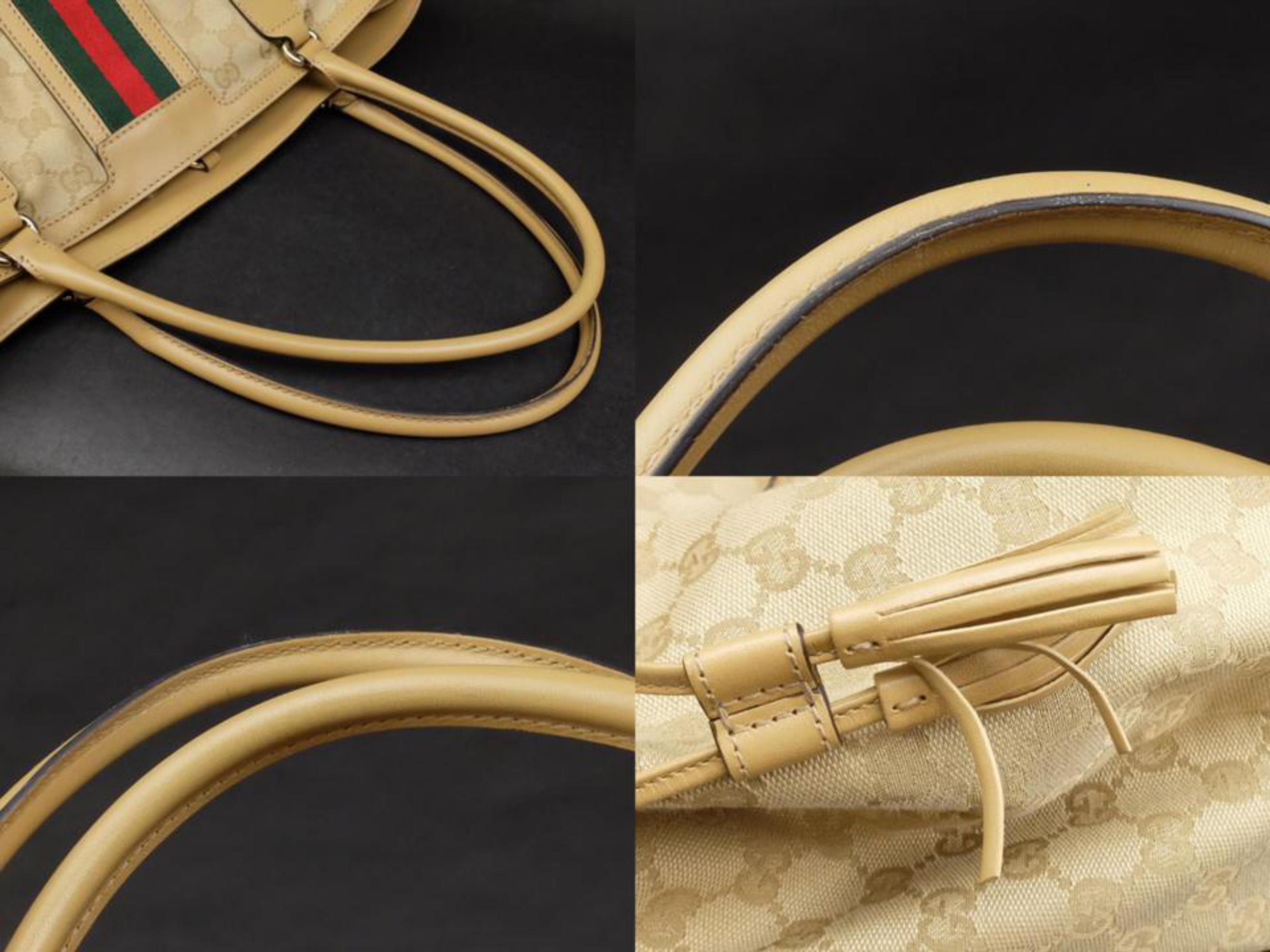 Gucci Sherry Monogram Vintage Web Tassel Tote 228679 Beige Canvas Hobo Bag For Sale 4