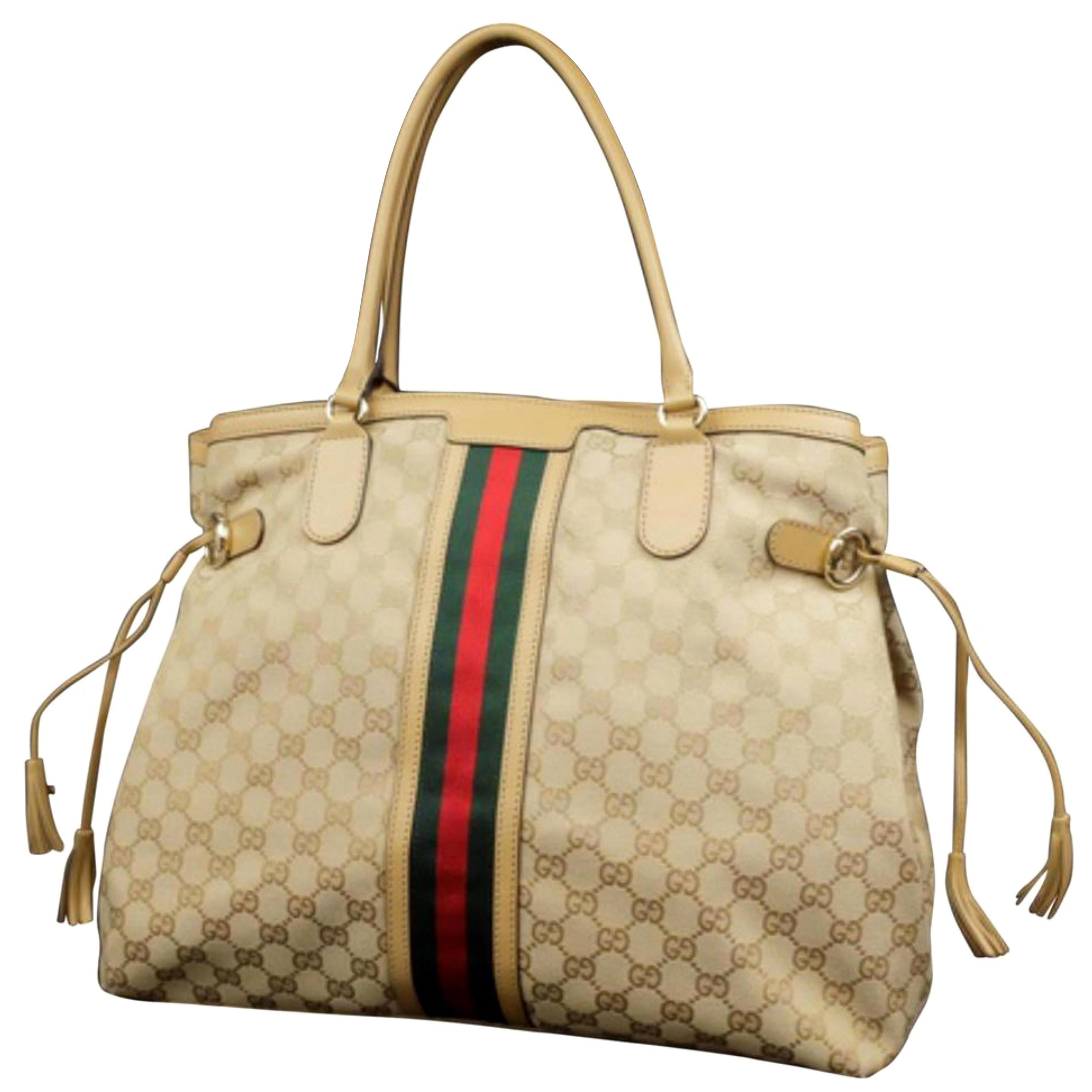 Gucci Sherry Monogram Vintage Web Tassel Tote 228679 Beige Canvas Hobo Bag For Sale