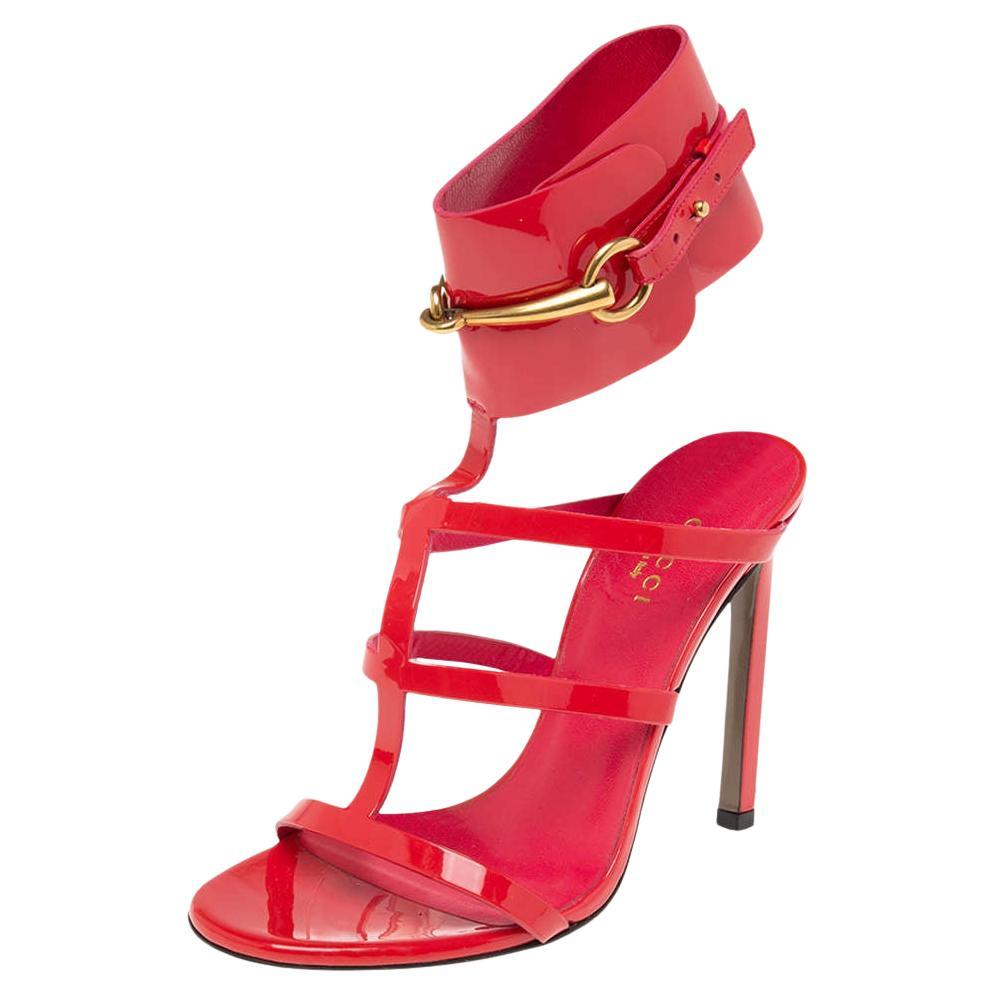 Gucci Shocking Pink Patent Leather Ursula Horsebit Ankle-Strap Sandals Size 36