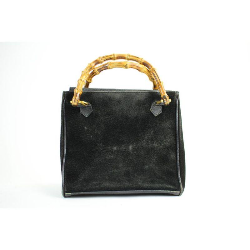 Gucci Shopper Tote Bag Bamboo 37gga1216 Black Suede Leather Satchel In Good Condition In Dix hills, NY