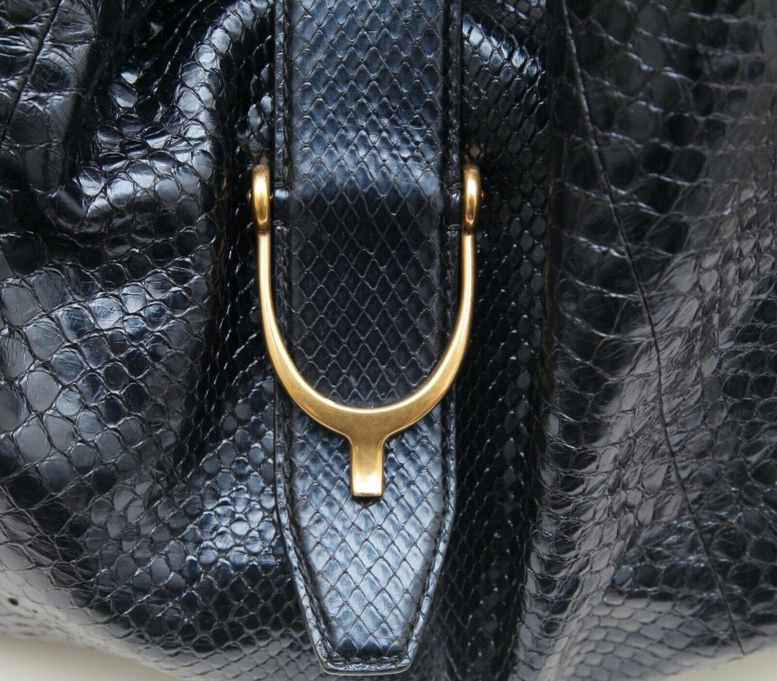 Black GUCCI Shoulder Bag STIRRUP Exotic Leather Snakeskin Horsebit Blue Navy Gold HW